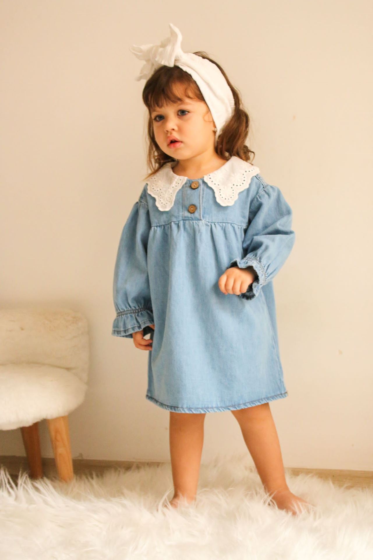 Minigimin cicileri Yaka güpürlü ,OversiZe Yumuşak kot  elbise