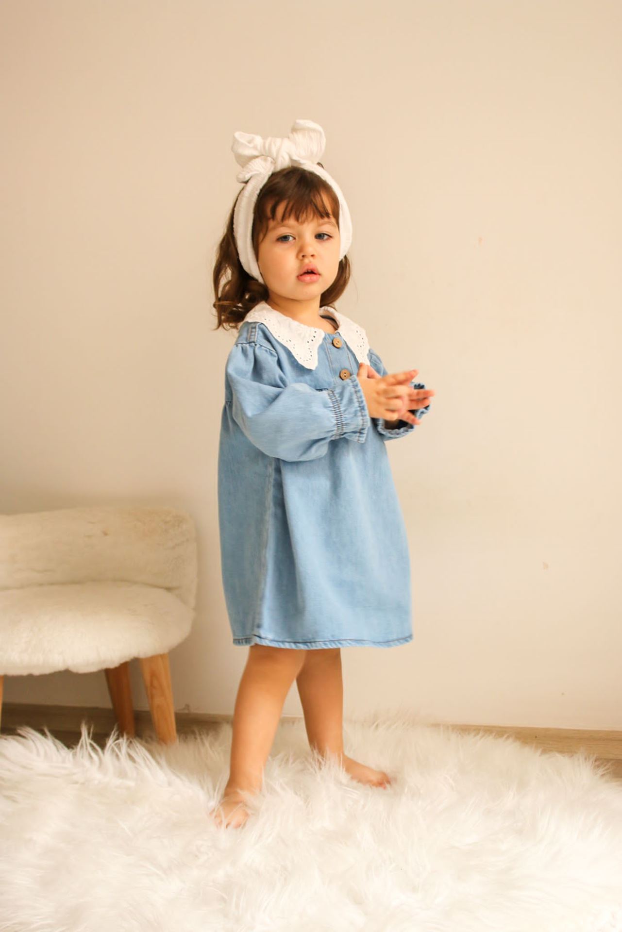 Minigimin cicileri Yaka güpürlü ,OversiZe Yumuşak kot  elbise