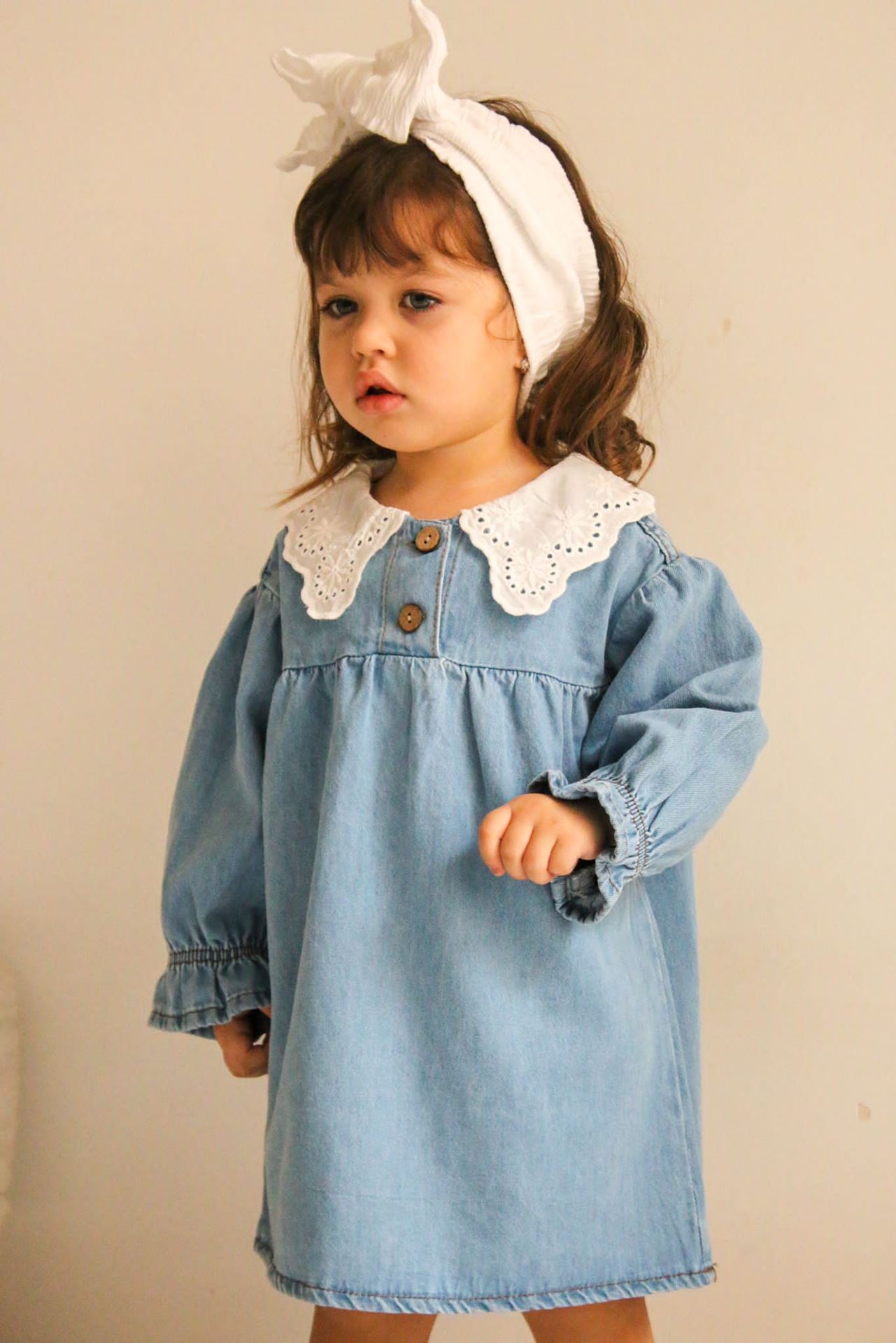 Minigimin cicileri Yaka güpürlü ,OversiZe Yumuşak kot  elbise