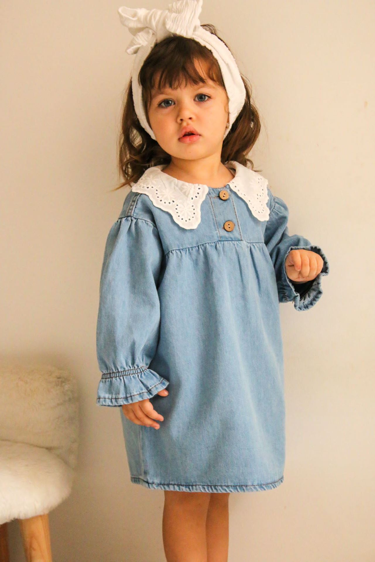 Minigimin cicileri Yaka güpürlü ,OversiZe Yumuşak kot  elbise