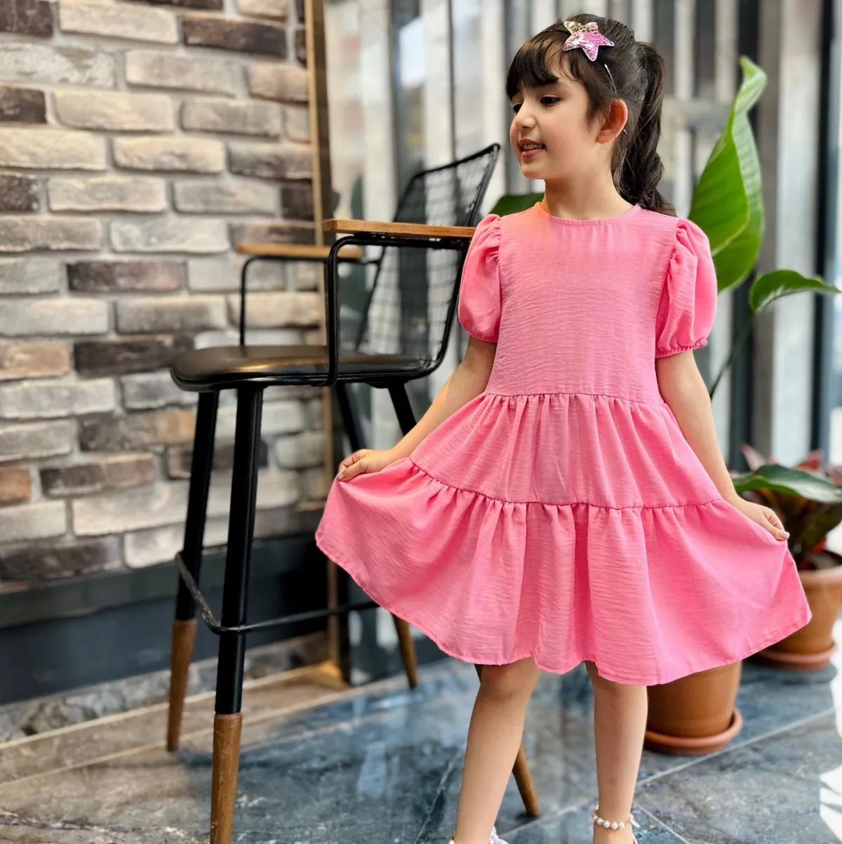 Miniğimin cicileri karpuz kol  pembe kız keten elbise