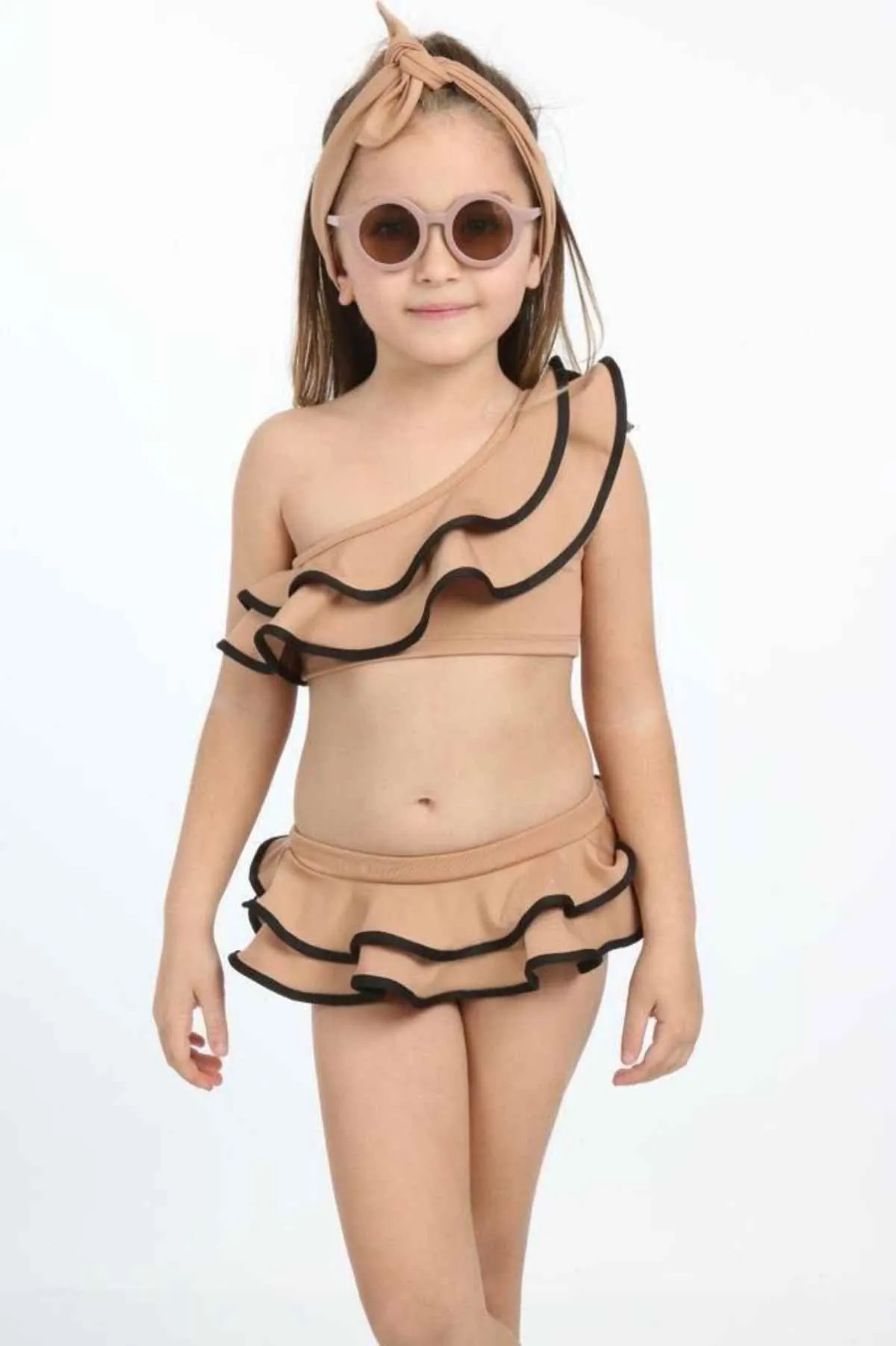 Miniğimin Cicileri Volanlı Kız Çocuk Bikini -Kahve