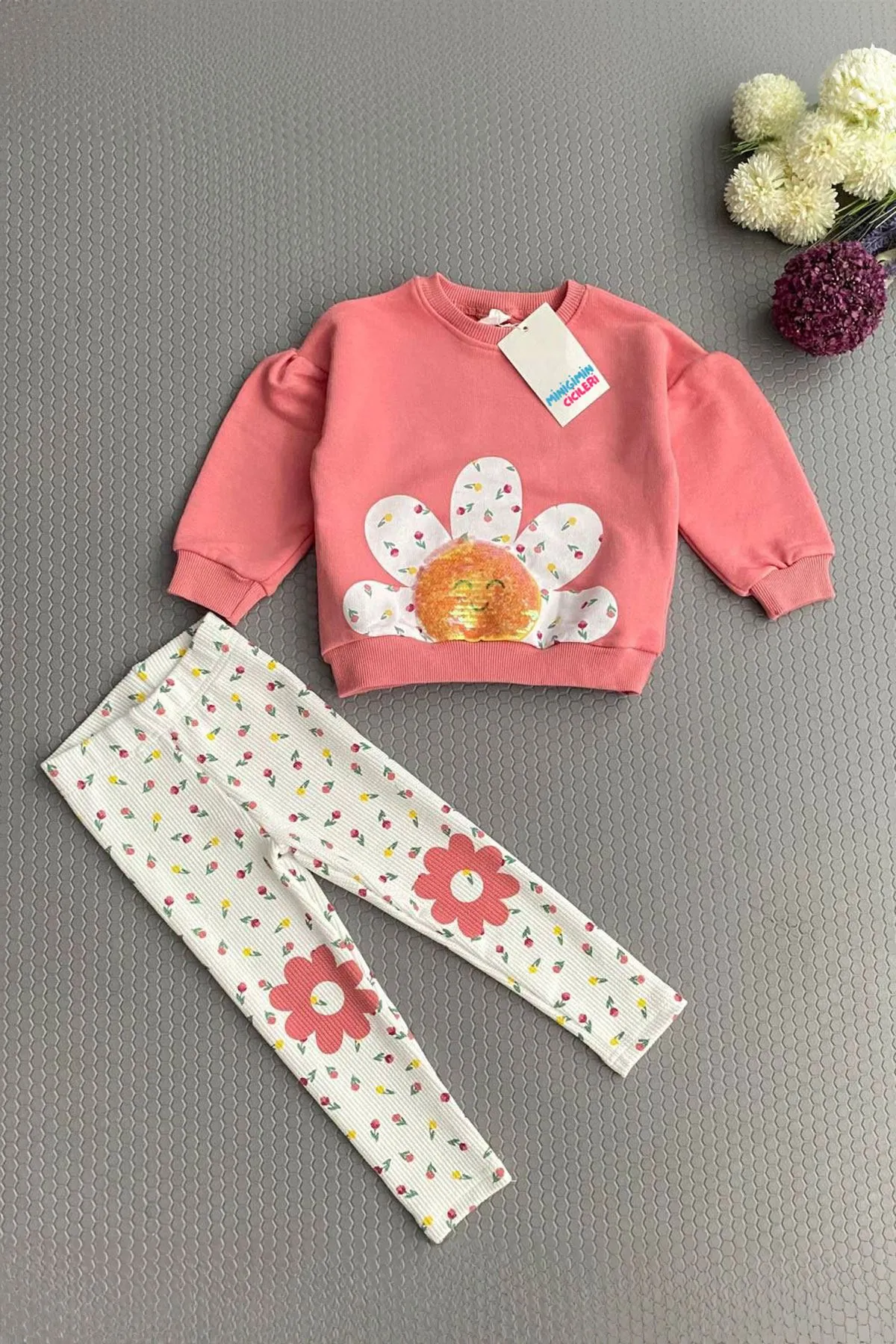 Miniğimin Cicileri Papatya Desenli Taytlı Kız Takım - Pembe