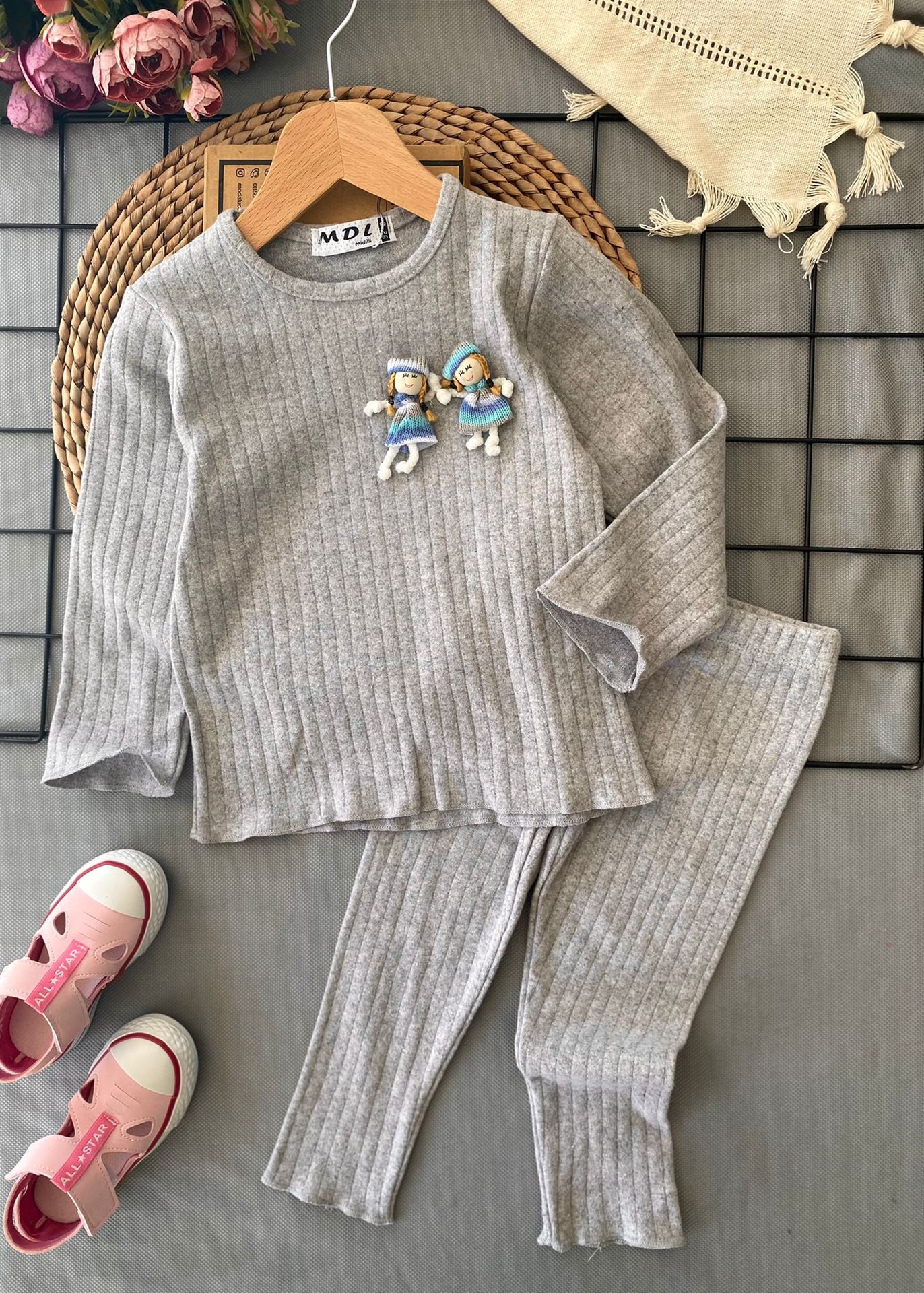 Miniğimin cicileri renkli ikiz kız figürlü bebek taytla takım - Gri