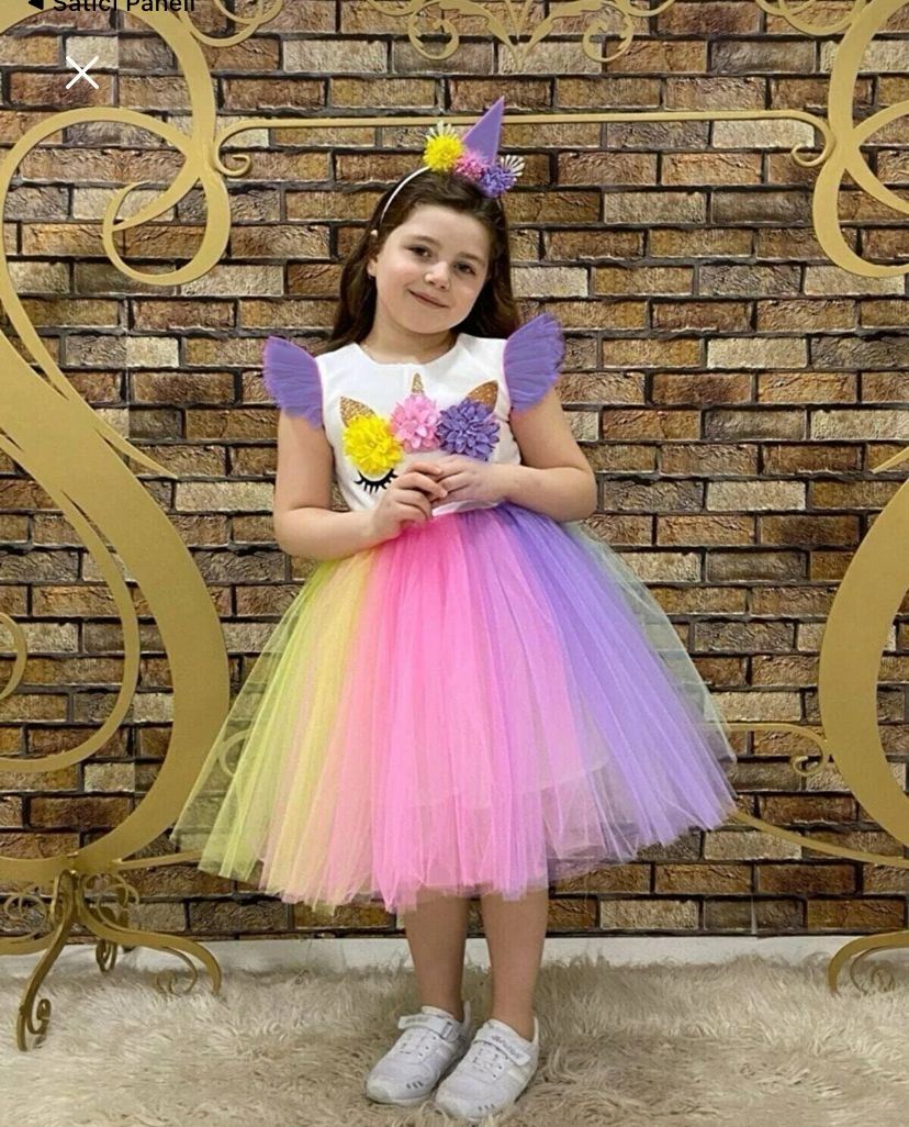 Kız Çocuk Renkli Doğum Günü Unicorn Elbisesi