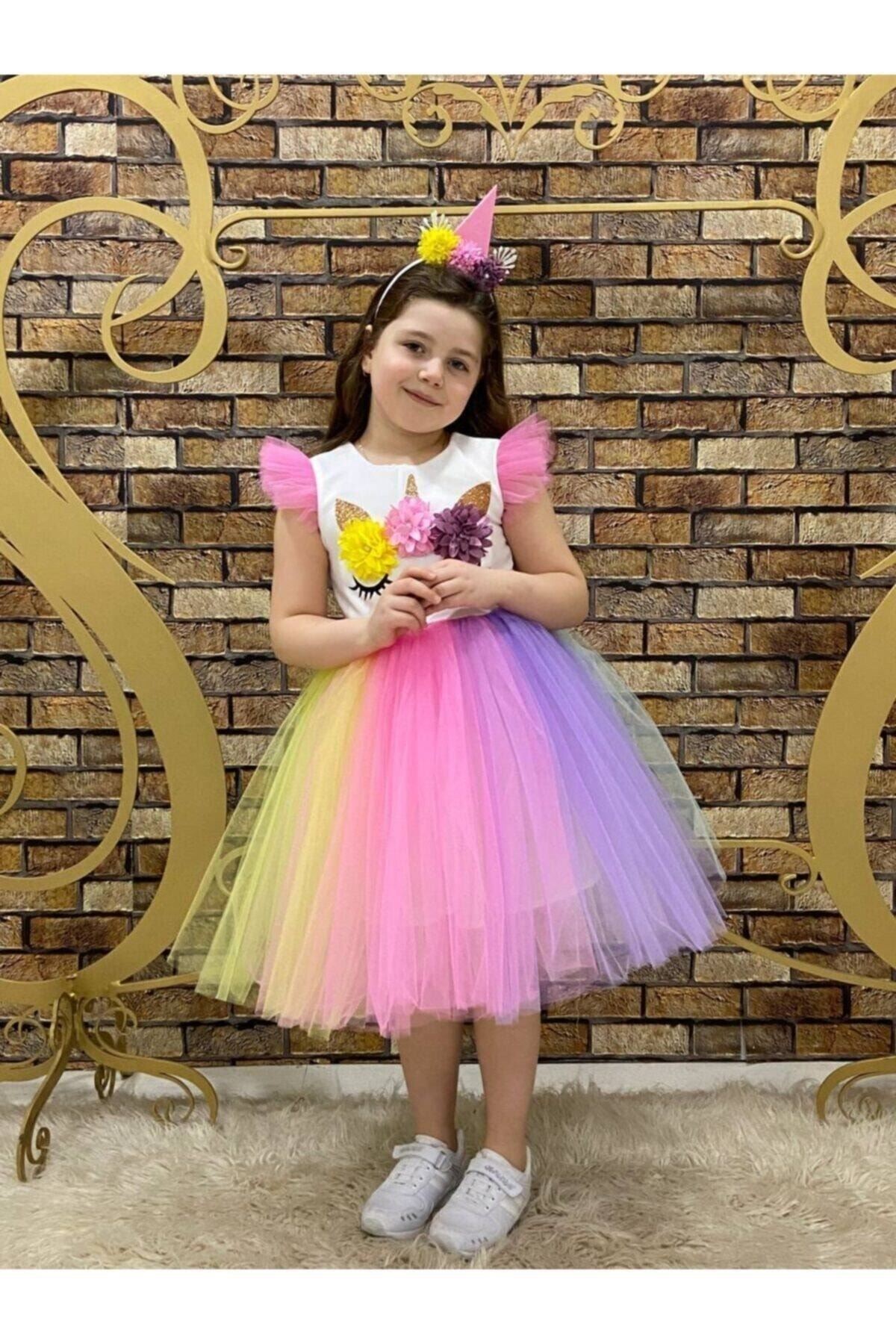 Kız Çocuk Renkli Doğum Günü Unicorn Elbisesi