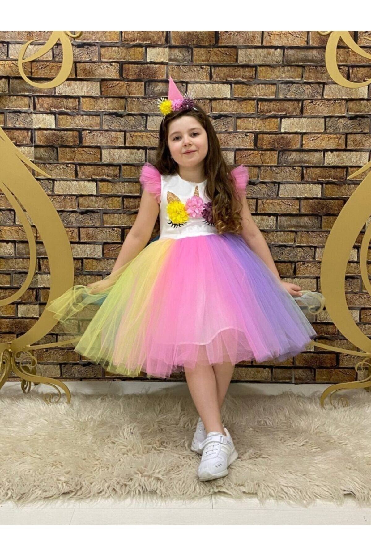Kız Çocuk Renkli Doğum Günü Unicorn Elbisesi