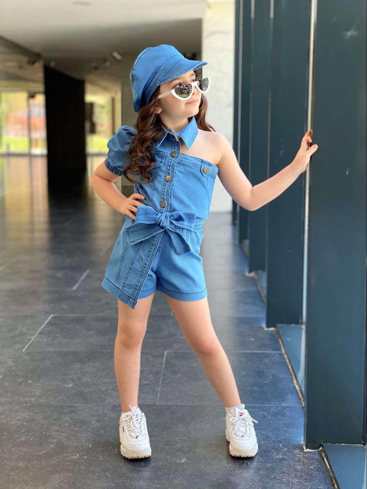 Minigimin Cicileri Asimetrik Kesim Şapkalı Jean Tulum - Mavi