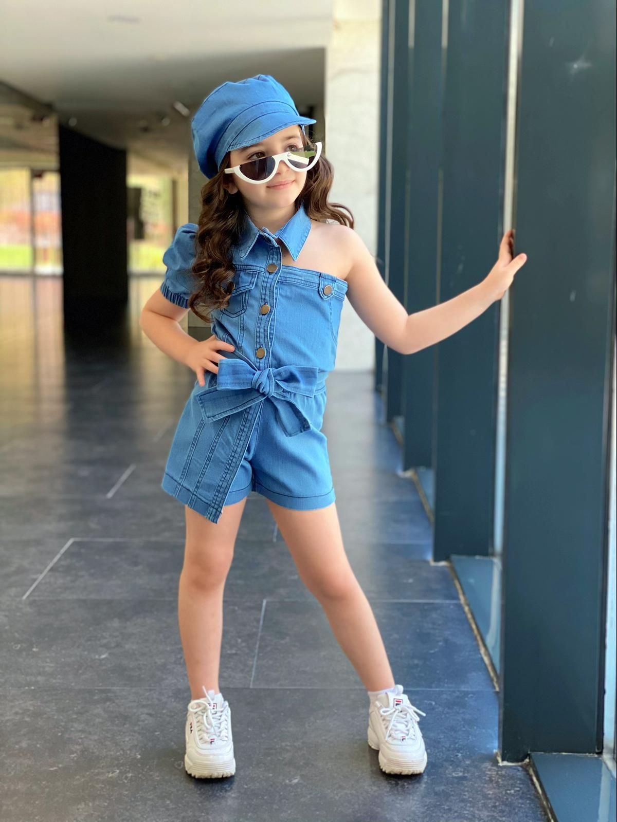 Minigimin Cicileri Asimetrik Kesim Şapkalı Jean Tulum - Mavi