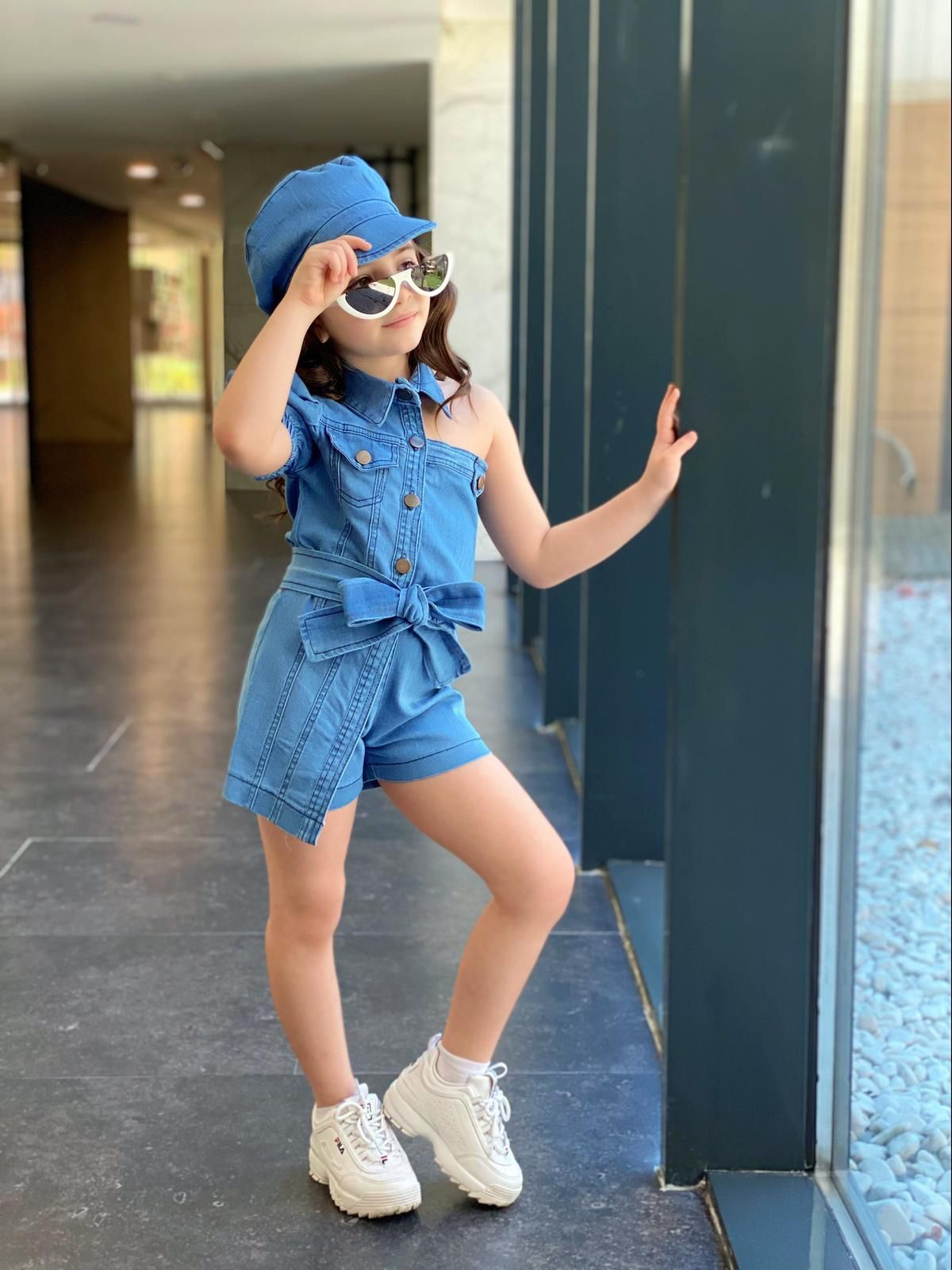 Minigimin Cicileri Asimetrik Kesim Şapkalı Jean Tulum - Mavi