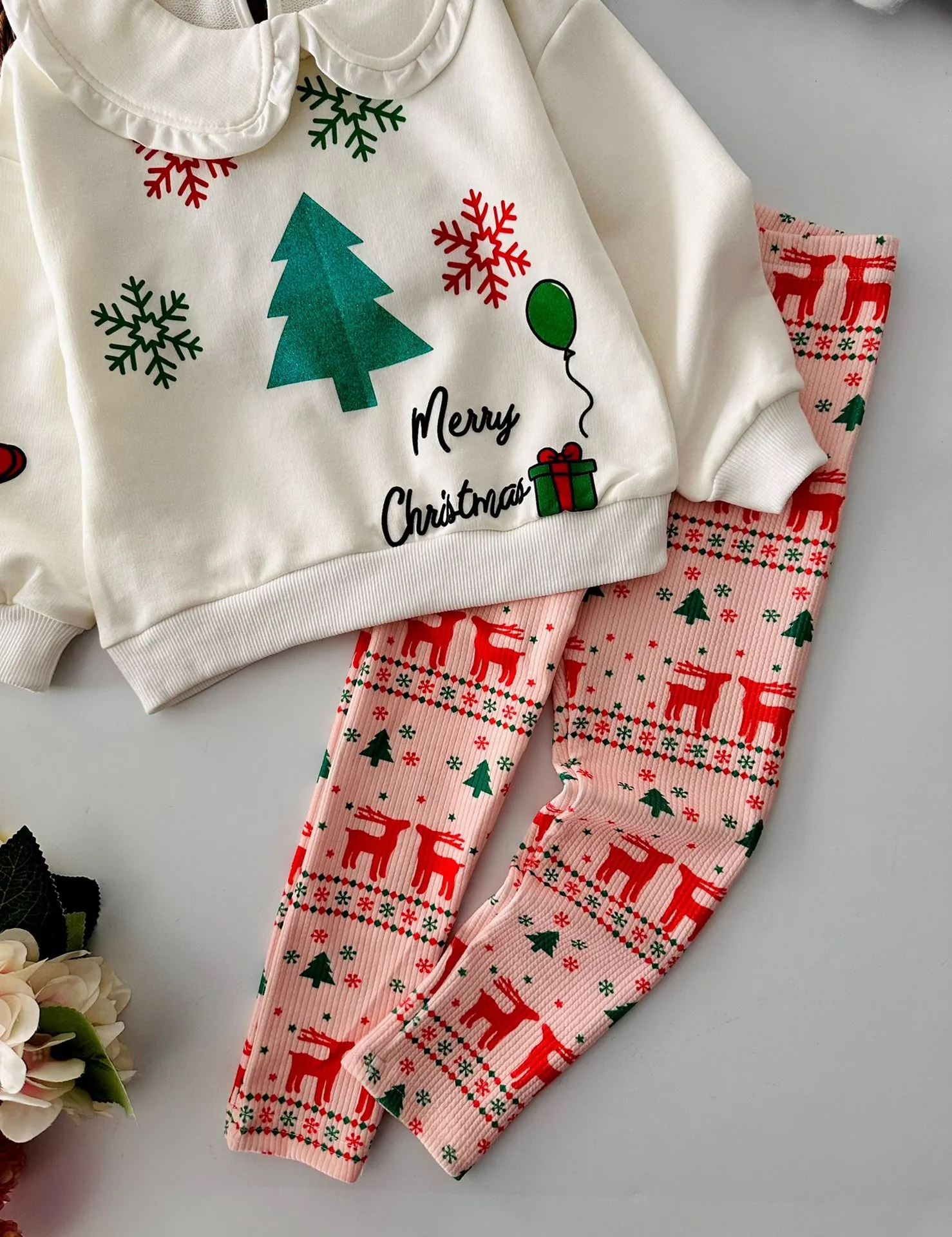 Miniğimin Cicileri Mary Crismas Yılbaşı konsept Taytlı Kız Çocuk Takım - Krem