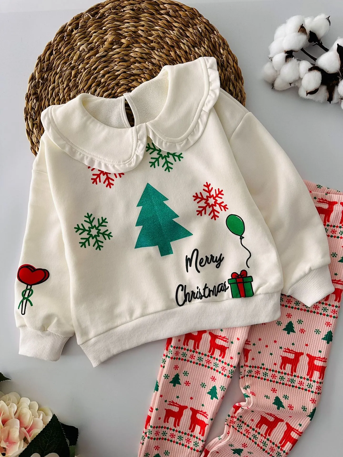 Miniğimin Cicileri Mary Crismas Yılbaşı konsept Taytlı Kız Çocuk Takım - Krem