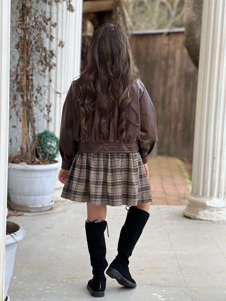 Miniğimin Cicileri Ekose Etekli Deri Ceketli Kız Çocuk 3'lü Takım - Kahverengi