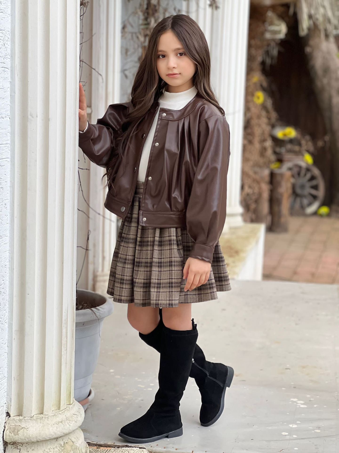 Miniğimin Cicileri Ekose Etekli Deri Ceketli Kız Çocuk 3'lü Takım - Kahverengi