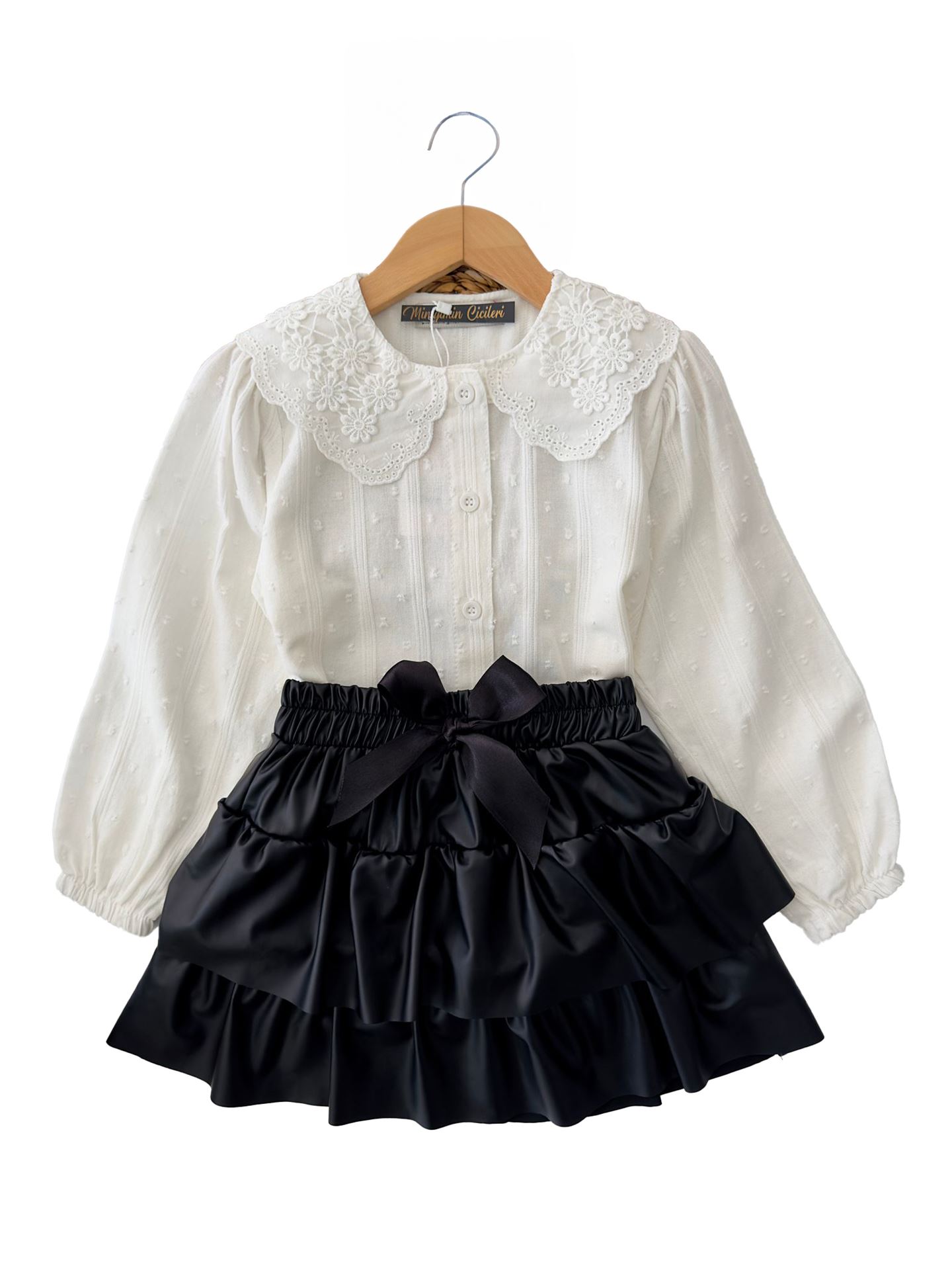 Miniğimin Cicileri Fiyonklu Deri Etekli Güpür Yakalı Kız Takım - Siyah