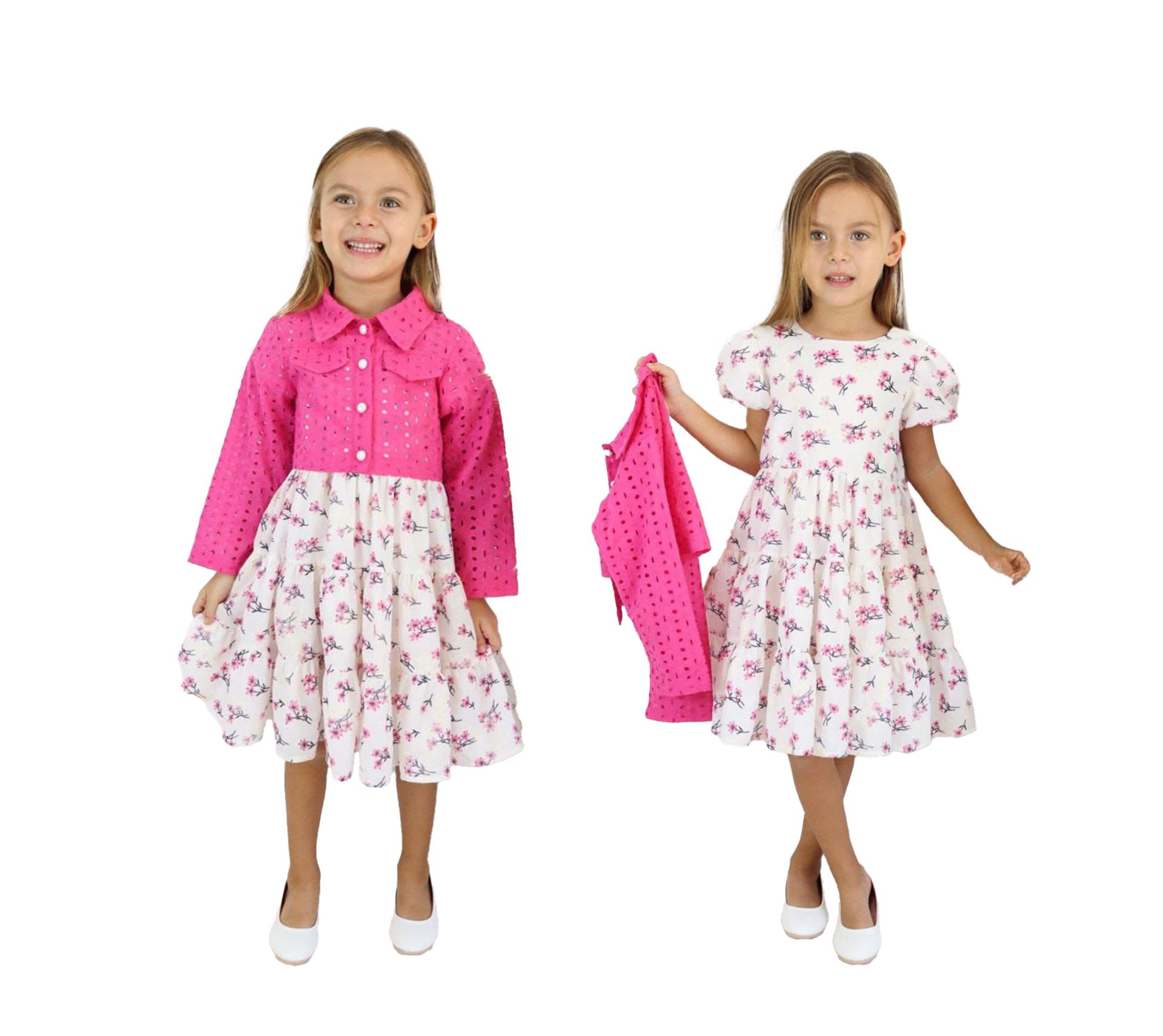 Miniğimin Cicileri Çiçek Desenli Kız Çocuk Fisto Ceketli 2 li Takım - Fuşya