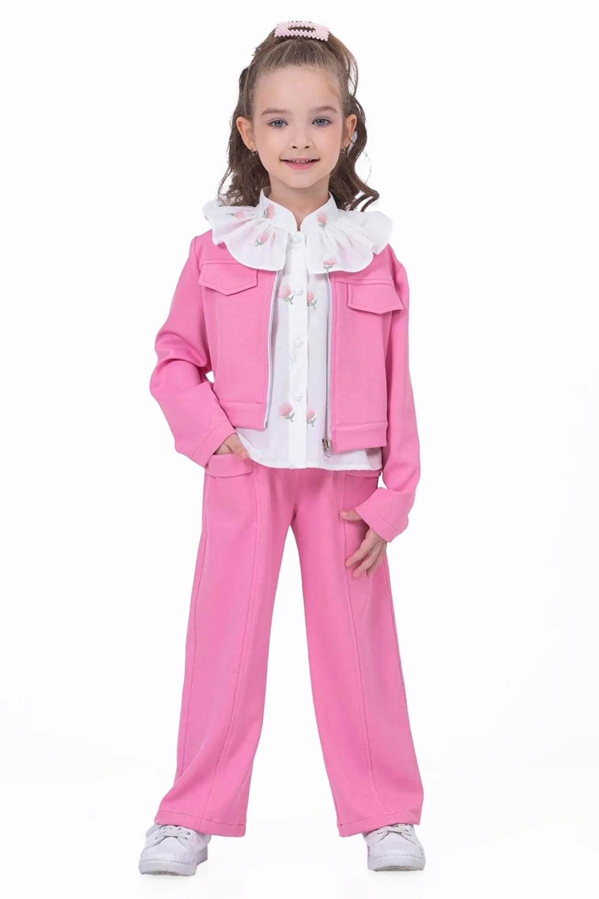 Miniğimin Cicileri Şeffaf Çantalı Lale Desen Ceketli Takım 4 lü - Pembe