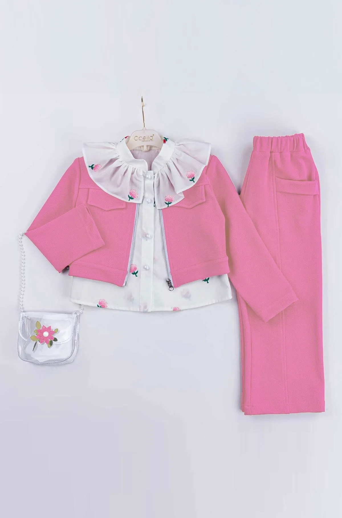Miniğimin Cicileri Şeffaf Çantalı Lale Desen Ceketli Takım 4 lü - Pembe