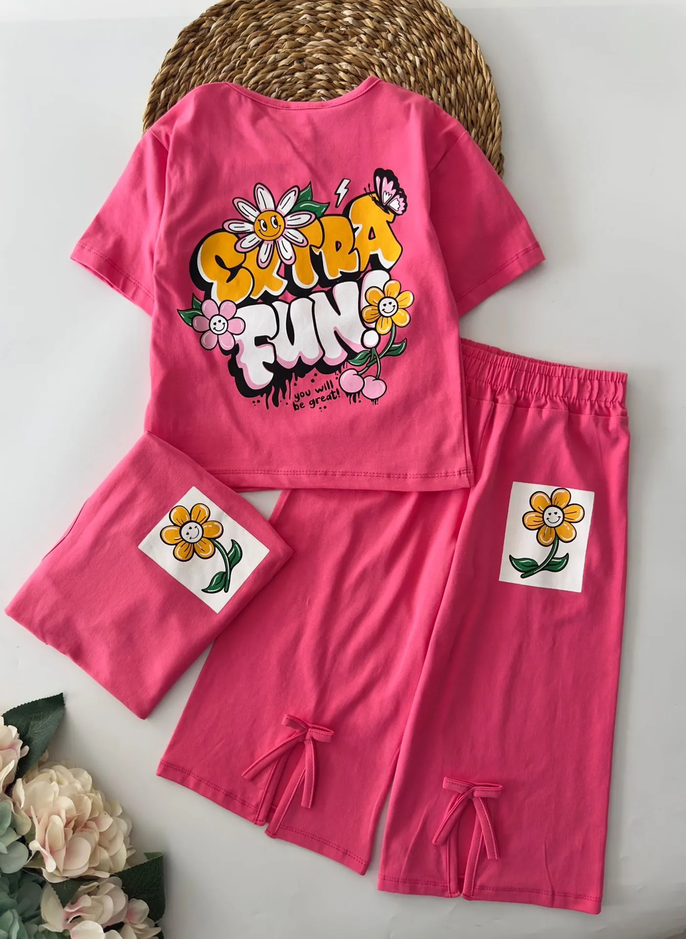 Miniğimin Cicileri Fun Arka ve ön Baskılı Yırtmaç Detaylı 2 li Takım - Fuşya