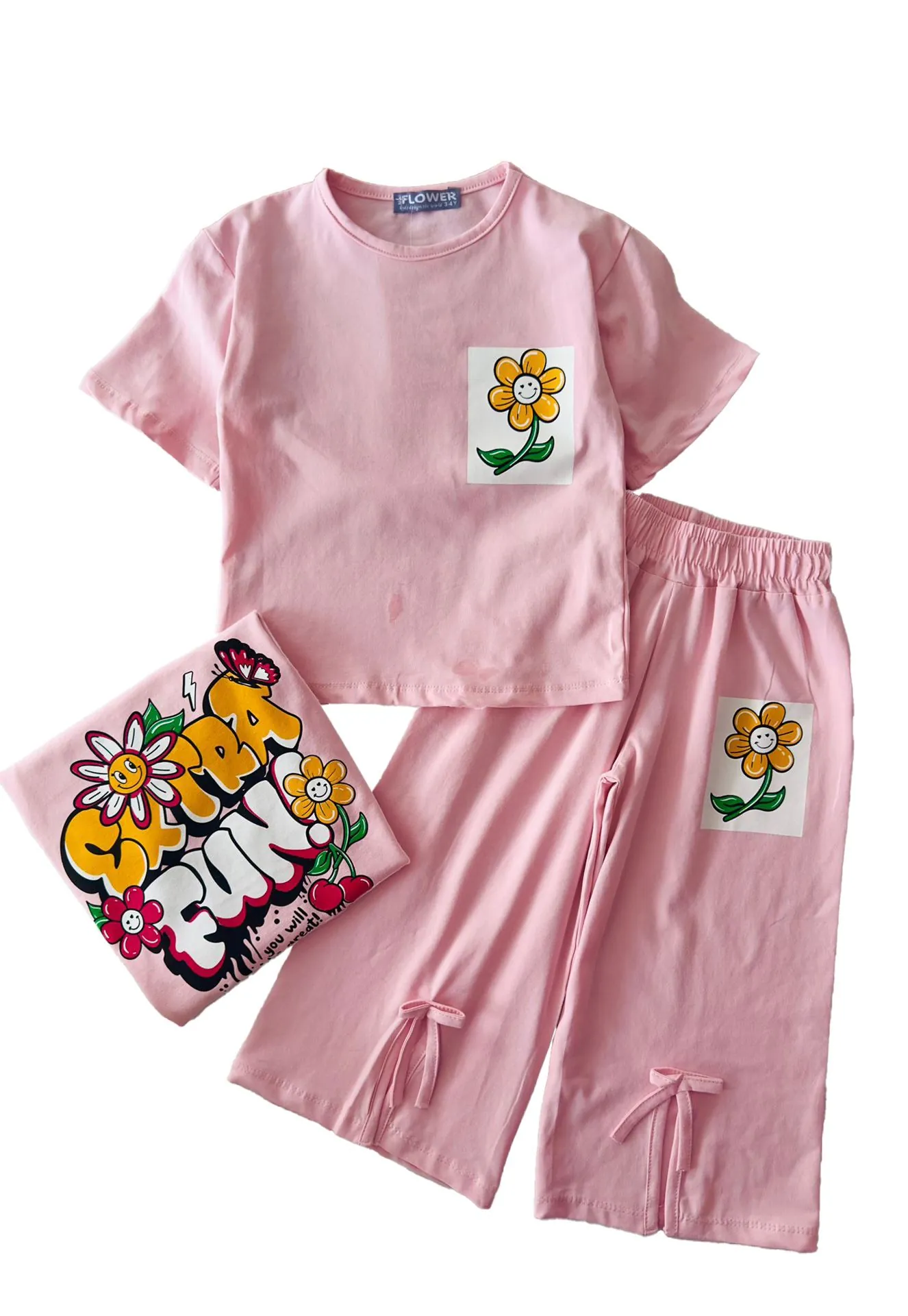 Miniğimin Cicileri Fun Arka ve ön Baskılı Yırtmaç Detaylı 2 li Takım - Pembe