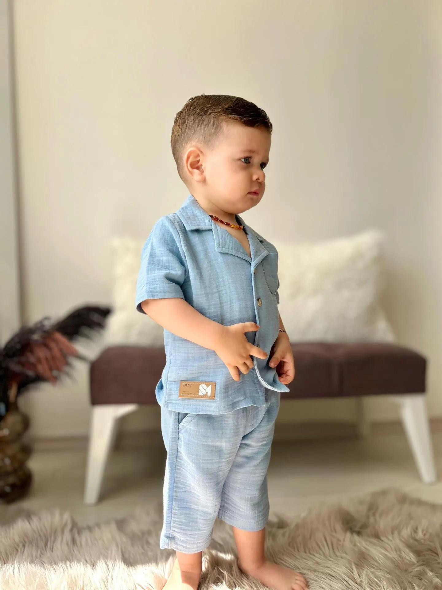 Miniğimin Cicileri Müslin Ceket Yaka Pamuklu Şortlu Erkek Çocuk Takım - Açık Mavi
