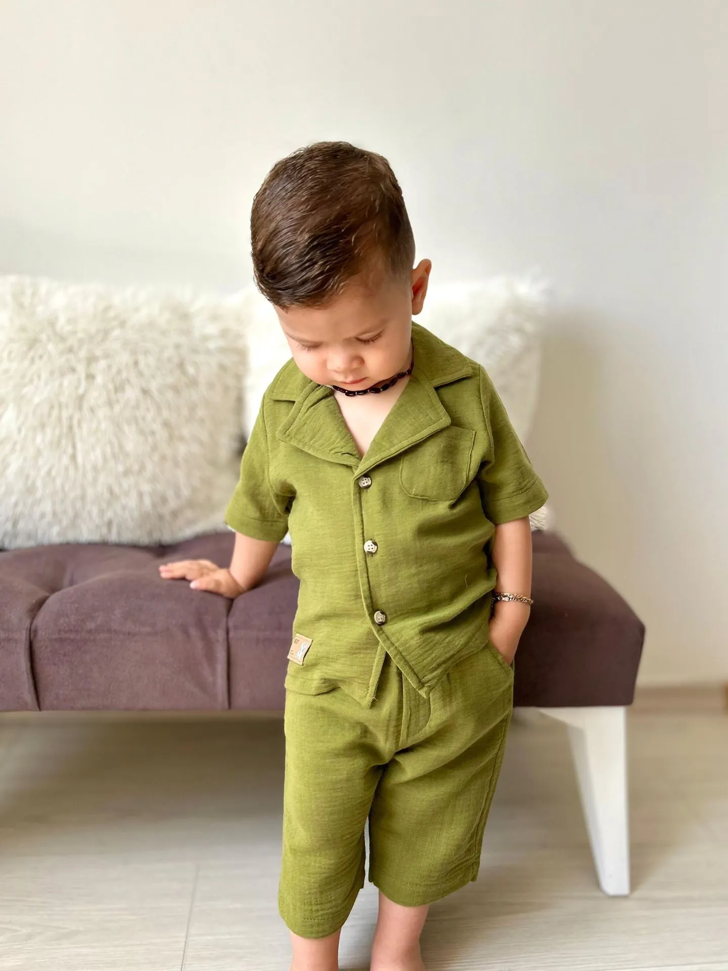 Miniğimin Cicileri Müslin Ceket Yaka Pamuklu Şortlu Erkek Çocuk Takım - Kına Yeşili