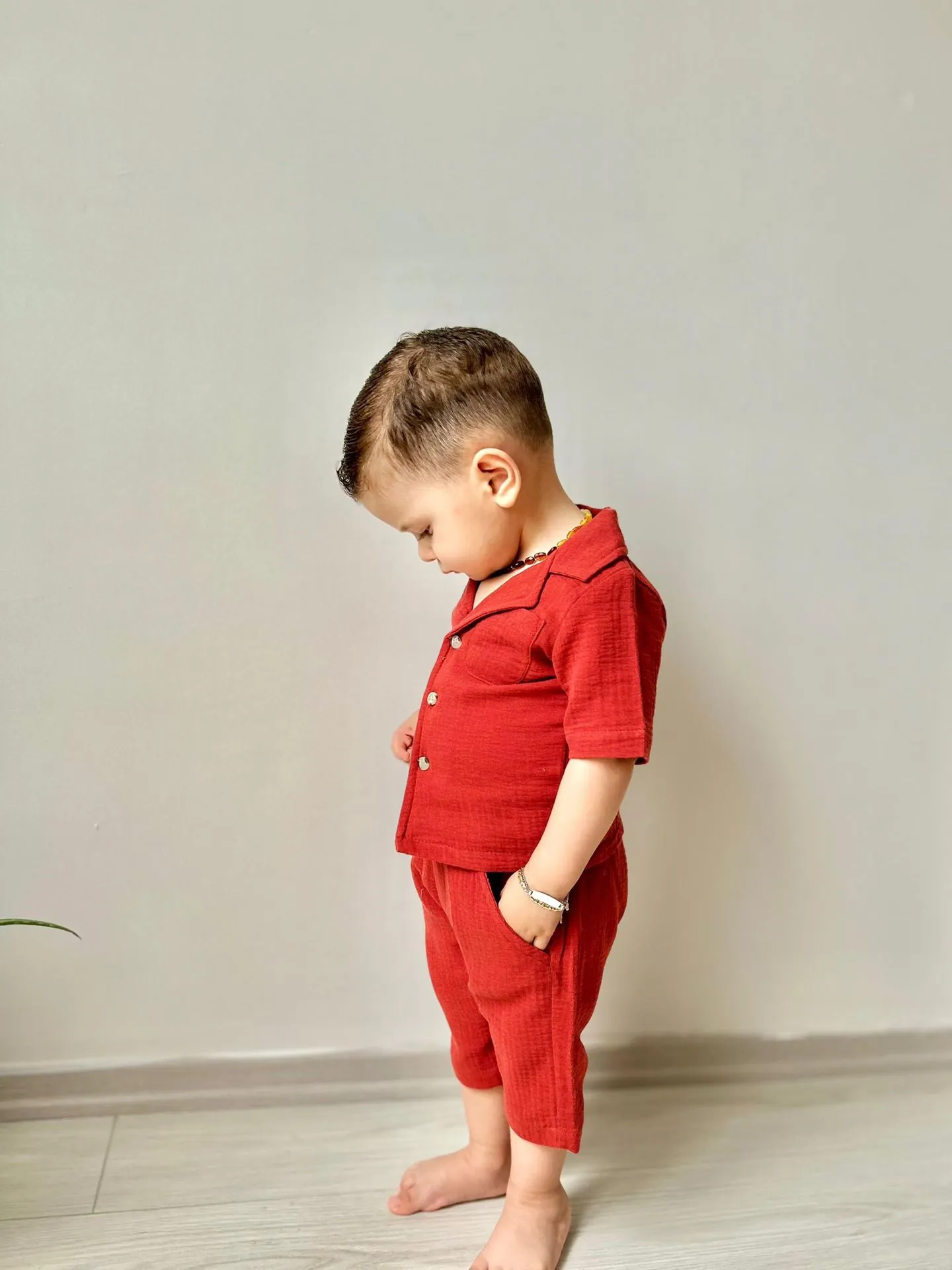 Miniğimin Cicileri Müslin Ceket Yaka Pamuklu Şortlu Erkek Çocuk Takım - Bordo