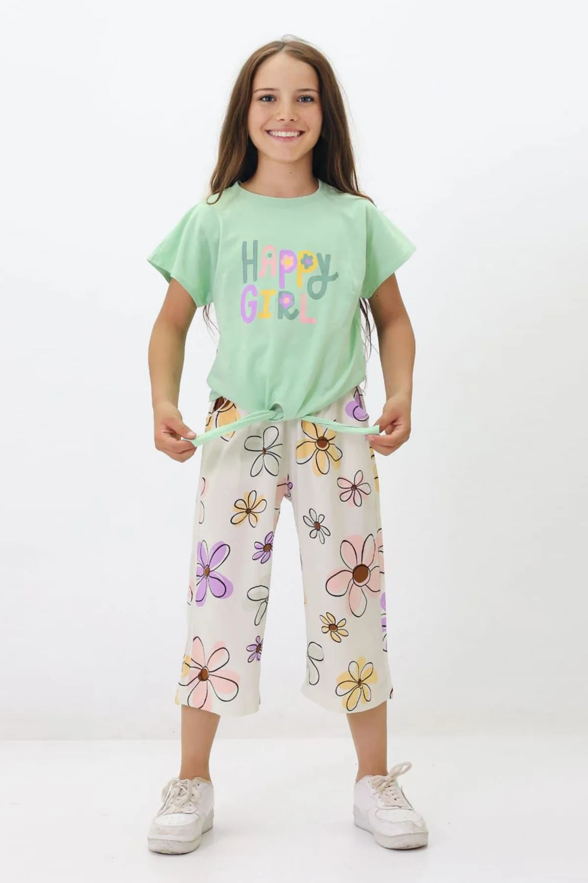 Miniğimin Cicileri Happy Girl Bermuda Papatya Desenli Kız Takım - Yeşil