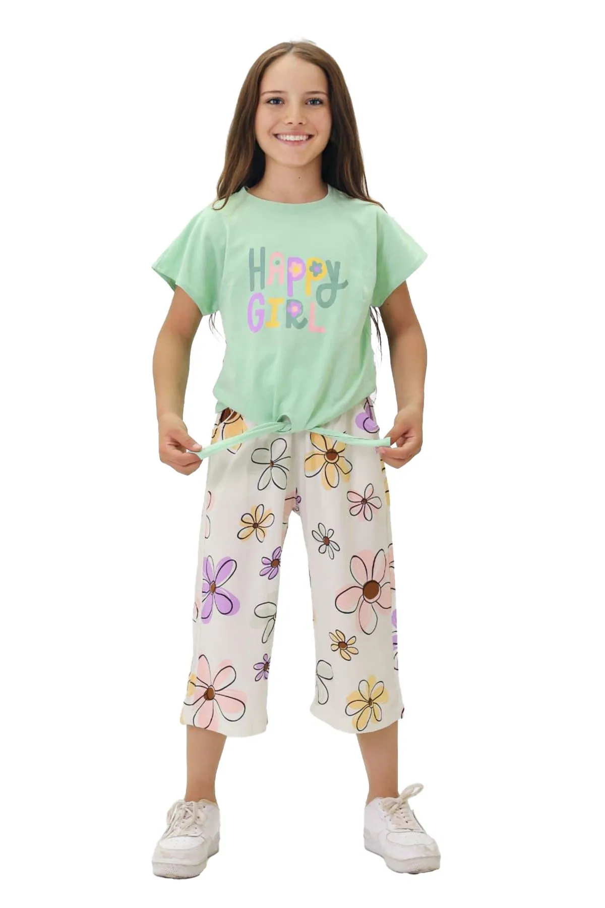 Miniğimin Cicileri Happy Girl Bermuda Papatya Desenli Kız Takım - Yeşil