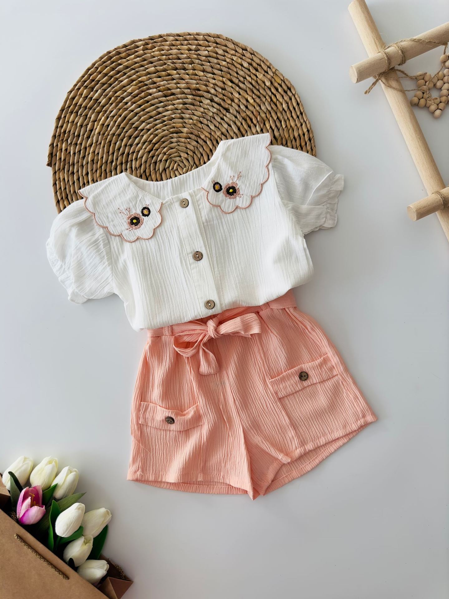 Miniğimin Cicileri Yaka Çiçek Nakış Detaylı Şortlu Kız Çocuk 2 li Takım - Gül Kurusu