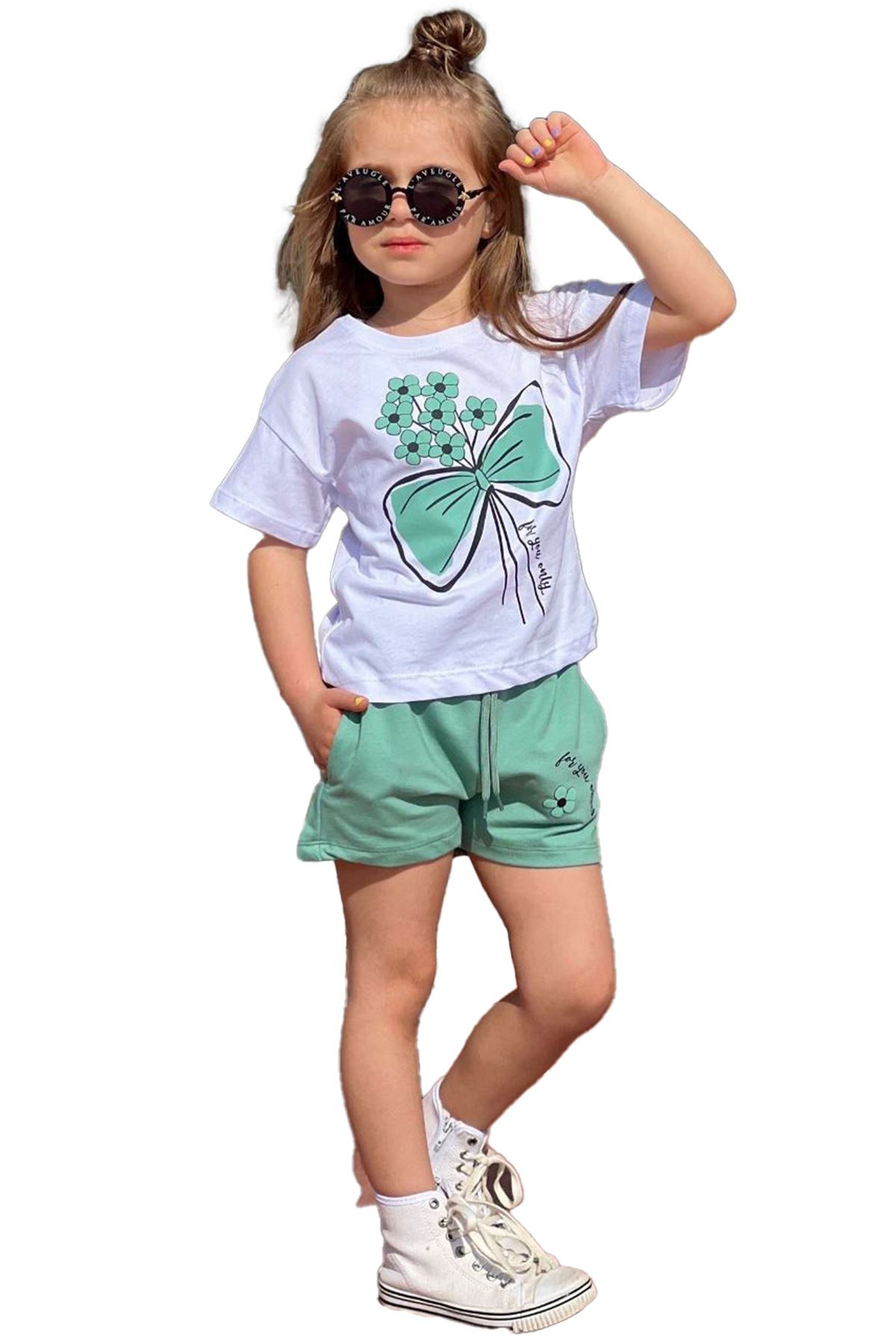 Miniğimin Cicileri For You Çiçek Desenli Şortlu Kız Çocuk Takım - Çağla Yeşili