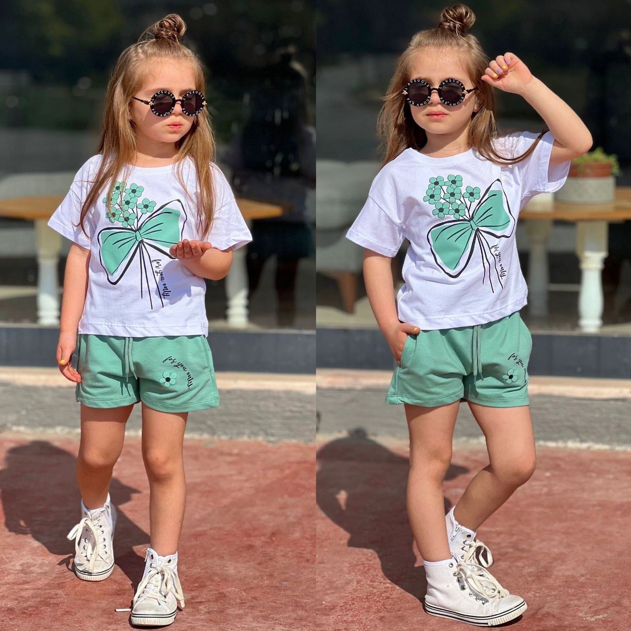 Miniğimin Cicileri For You Çiçek Desenli Şortlu Kız Çocuk Takım - Çağla Yeşili