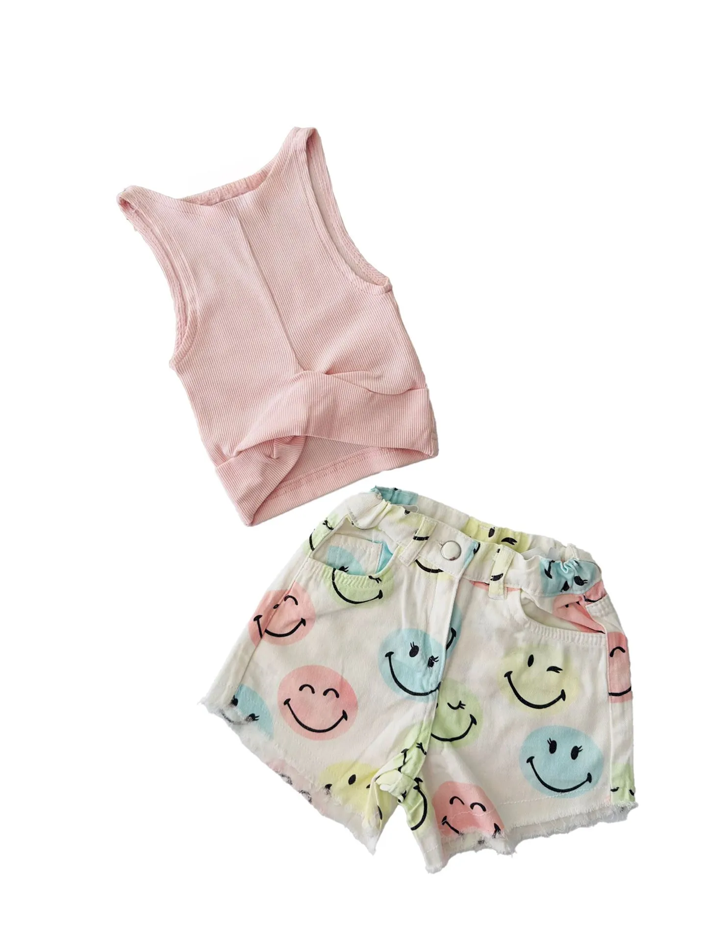 Miniğimin Cicileri Smile Desen Şortlu Croplu Kız Çocuk Takım - Pembe