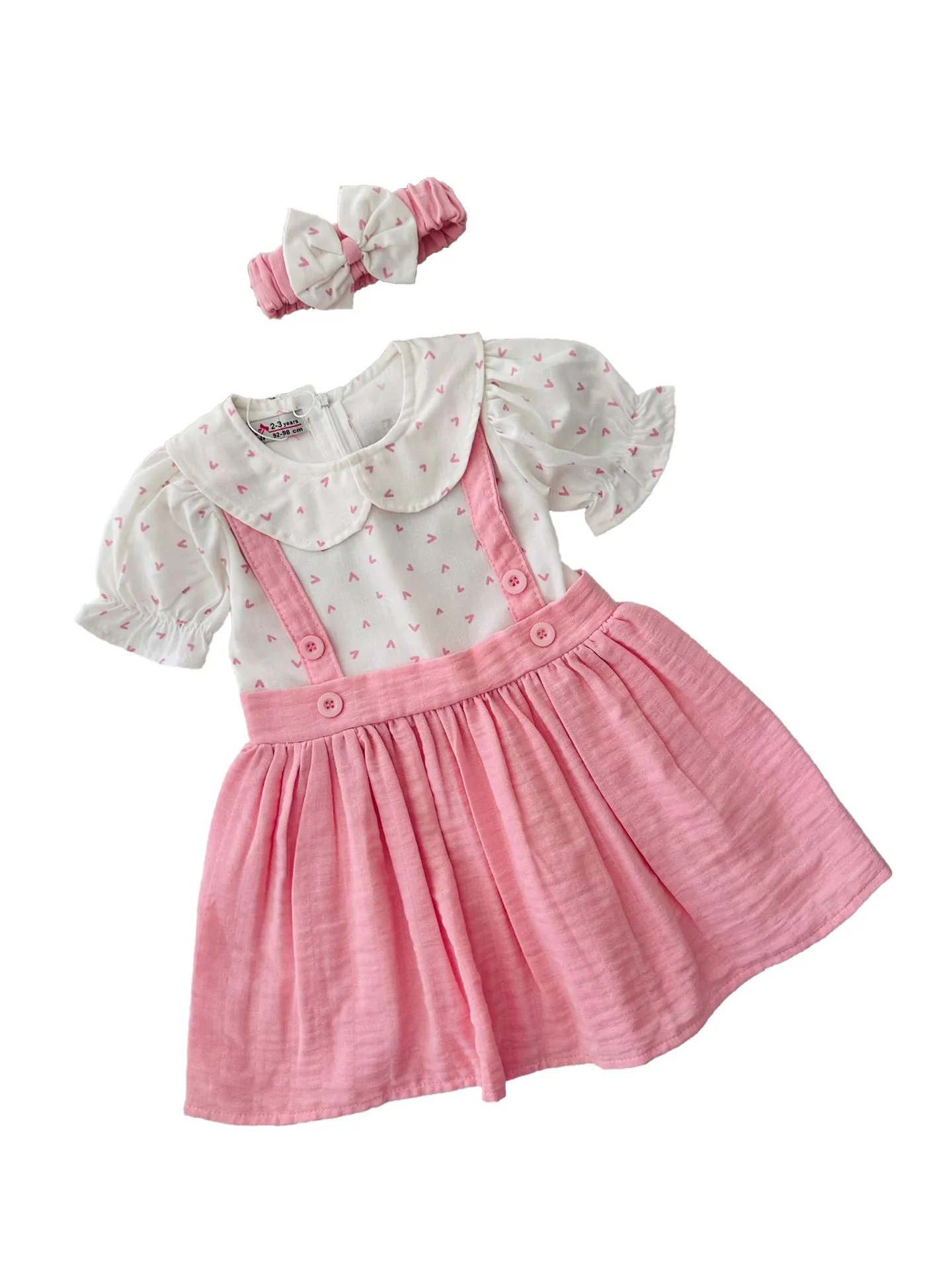 Miniğimin Cicileri Kalp Baskılı Müslin Kız Çocuk Elnise ve Bandana - Pembe