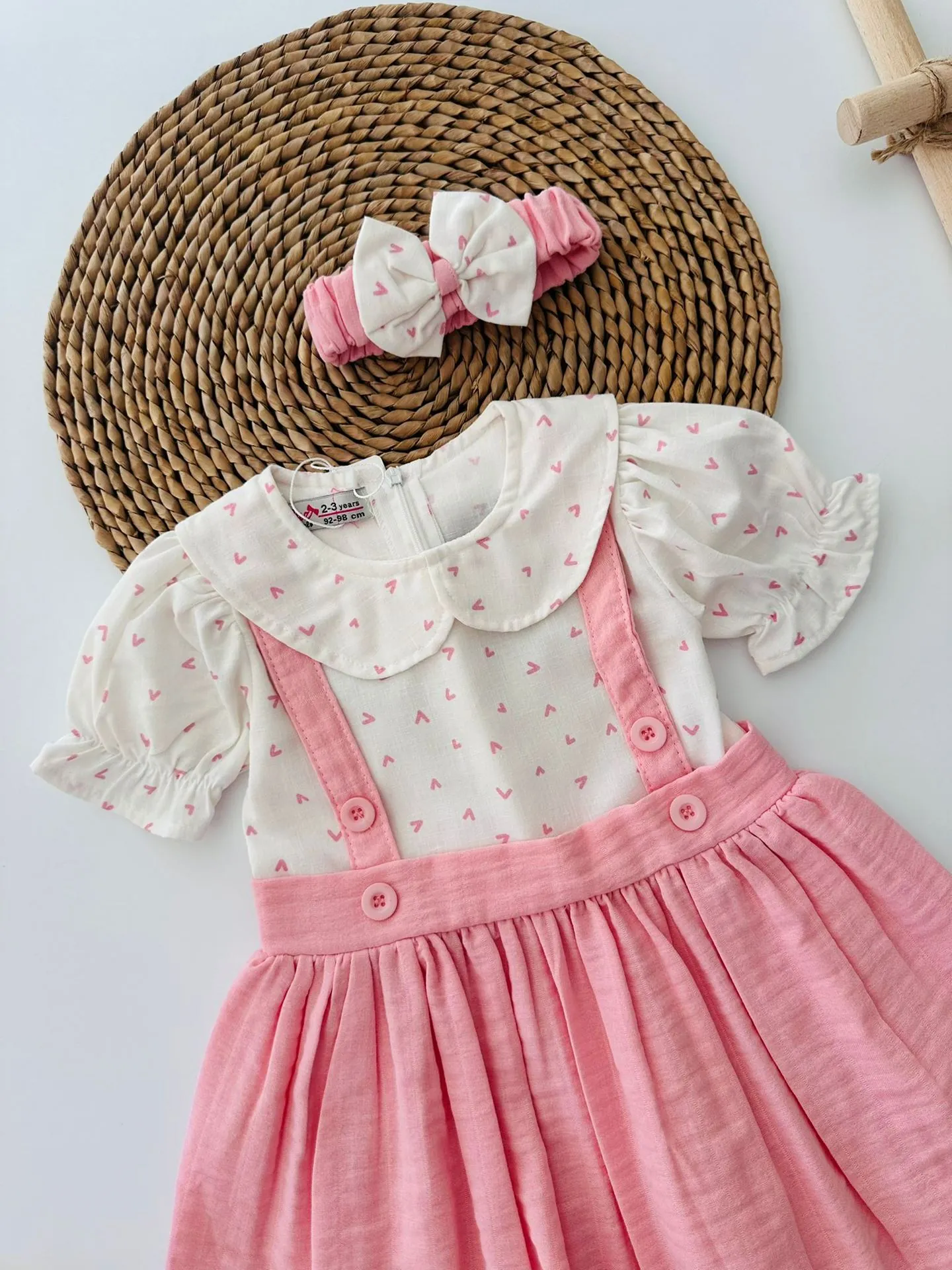 Miniğimin Cicileri Kalp Baskılı Müslin Kız Çocuk Elnise ve Bandana - Pembe