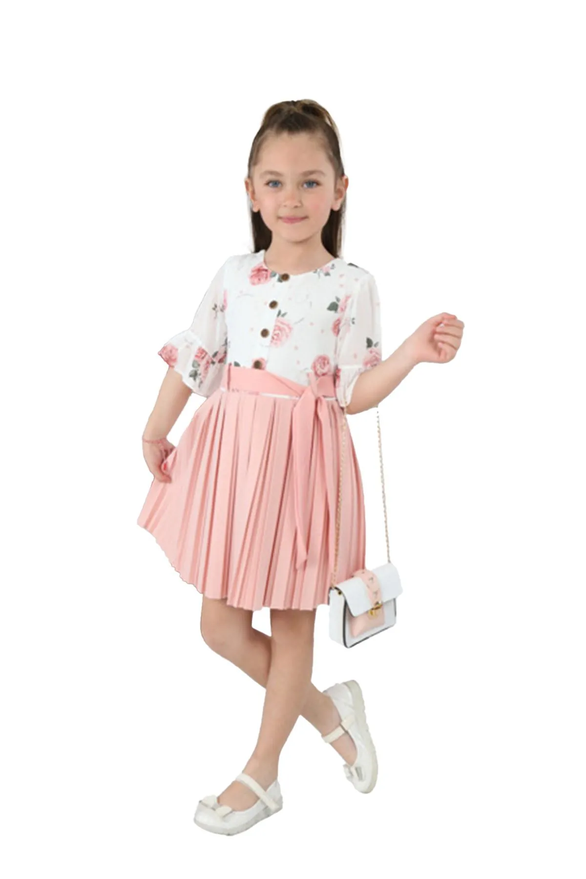 Miniğimin Cicileri Plise Etekli Çantalı Kız Çocuk Elbise - Pembe