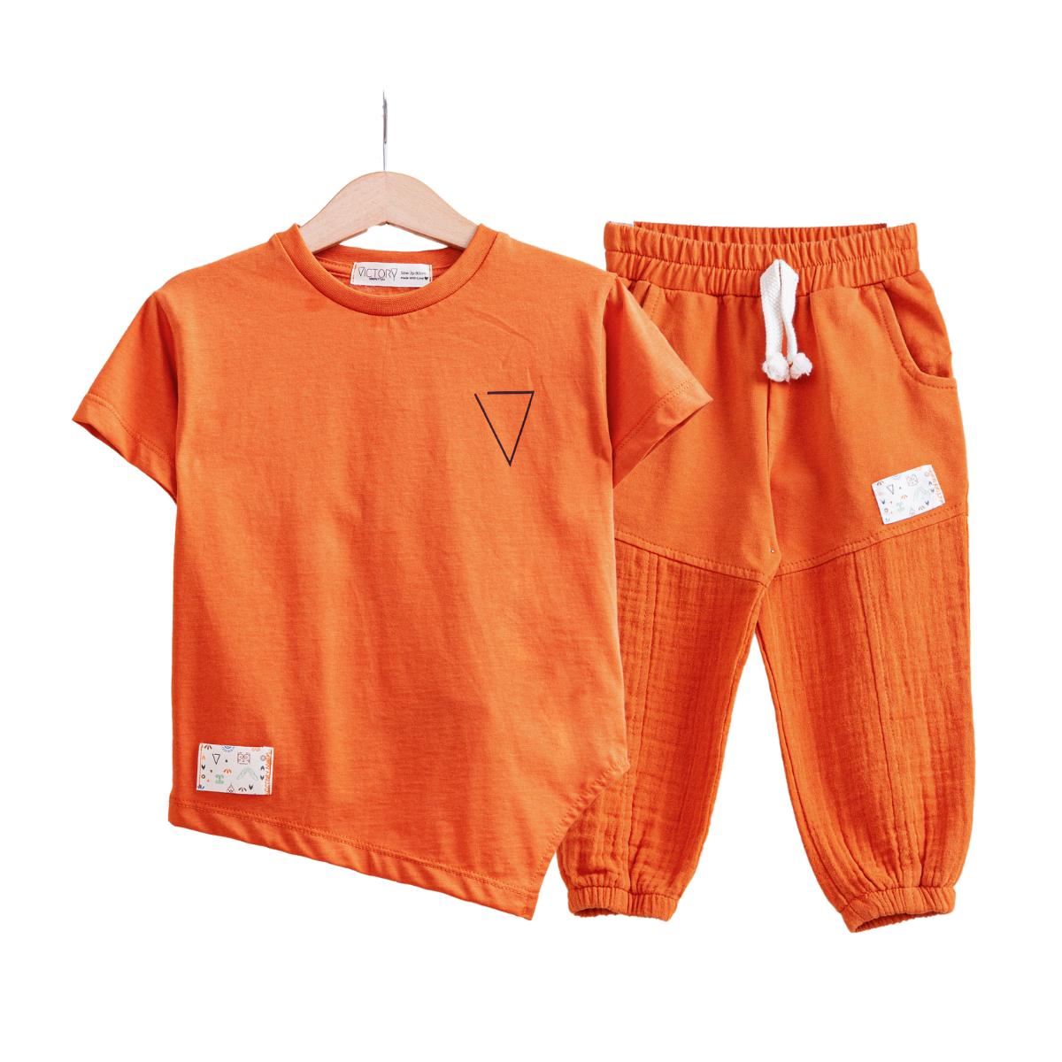 Miniğimin Cicileri Tshirt Süzine Keten Pantolon Erkek 2 li Takım - Oranj