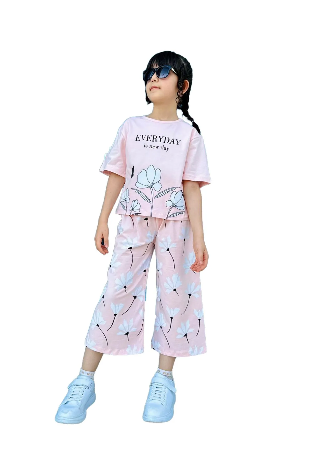 Miniğimin Cicileri Everyday Çiçek Baskışı Geniş Paça kız Çocuk Takım - Pembe