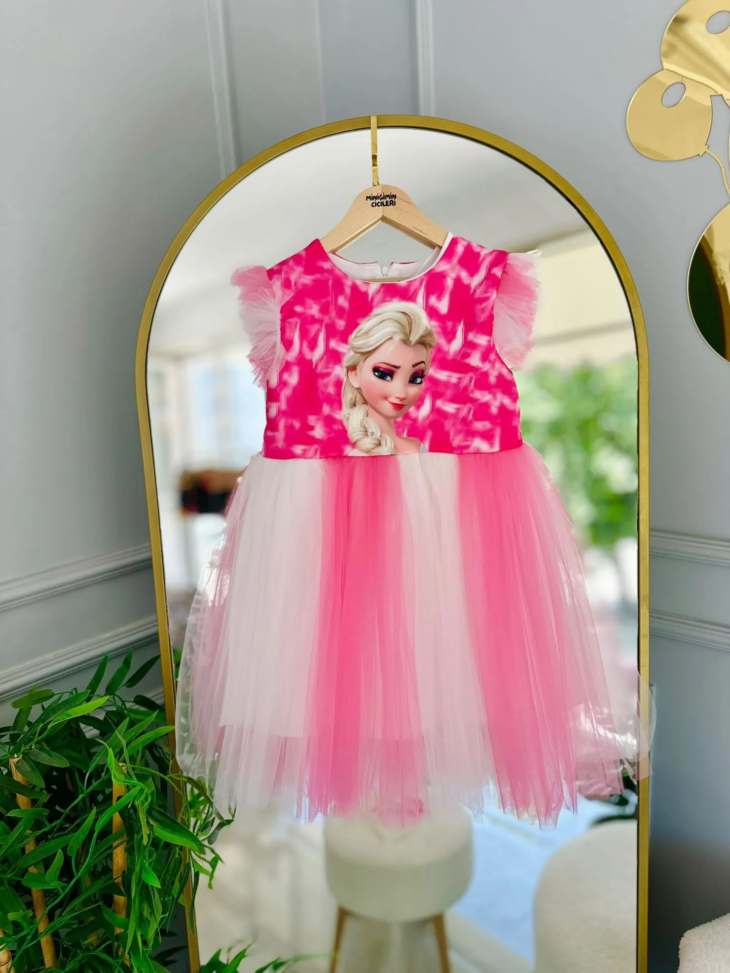 Miniğimin Cicileri (9-12) Kız Çocuk Tüllü Elsa Elbise ve Taç - Pembe