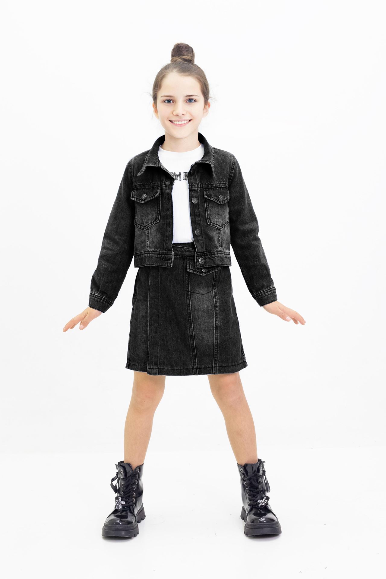 Miniğimin Cicileri Denim Kot Ceket ,Şortetek ve Badi 3 lü kombin - Siyah