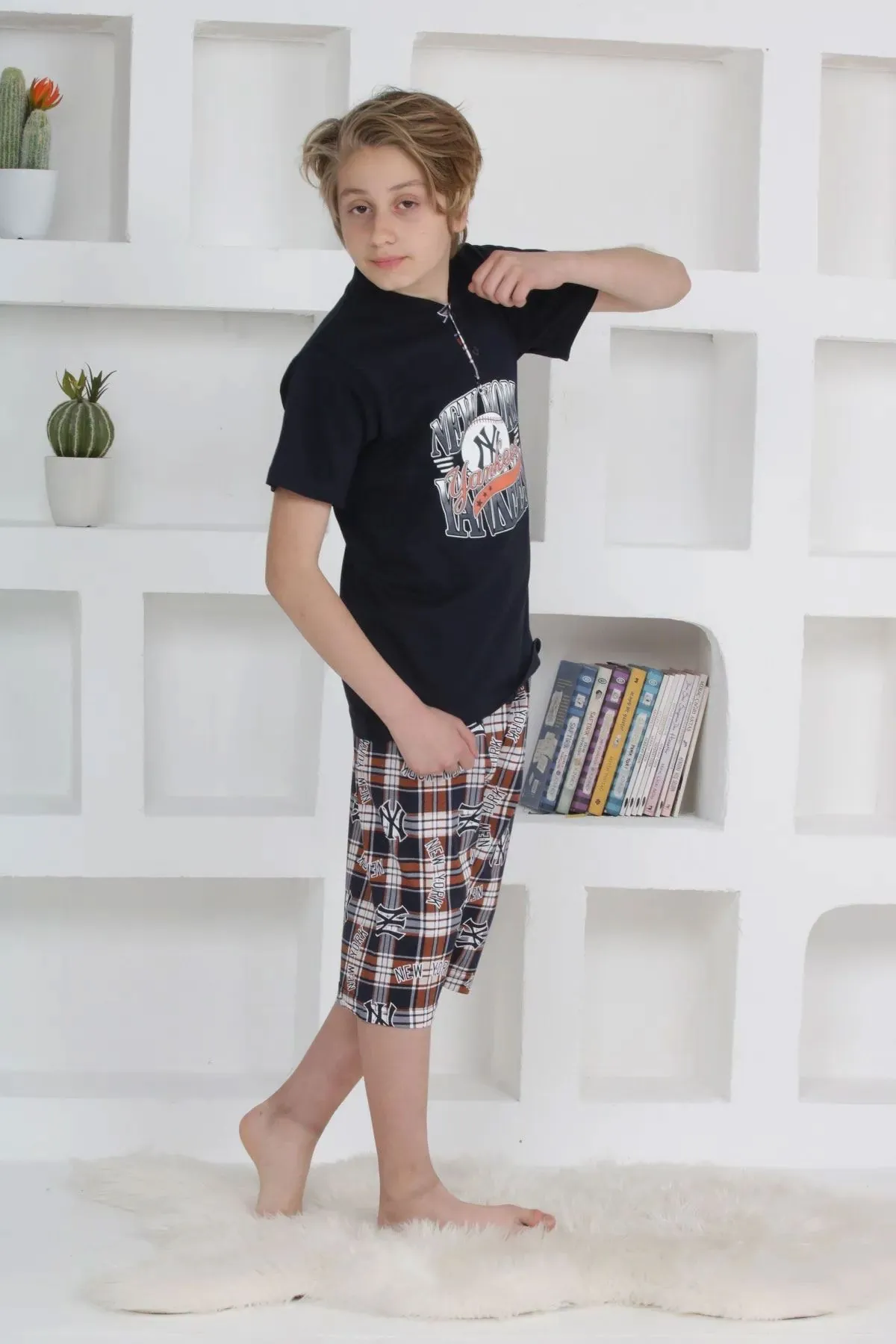 Minigimin Cicileri Erkek Çocuk Kapri Düğmeli Ekose Pijama Takım - Lacivert