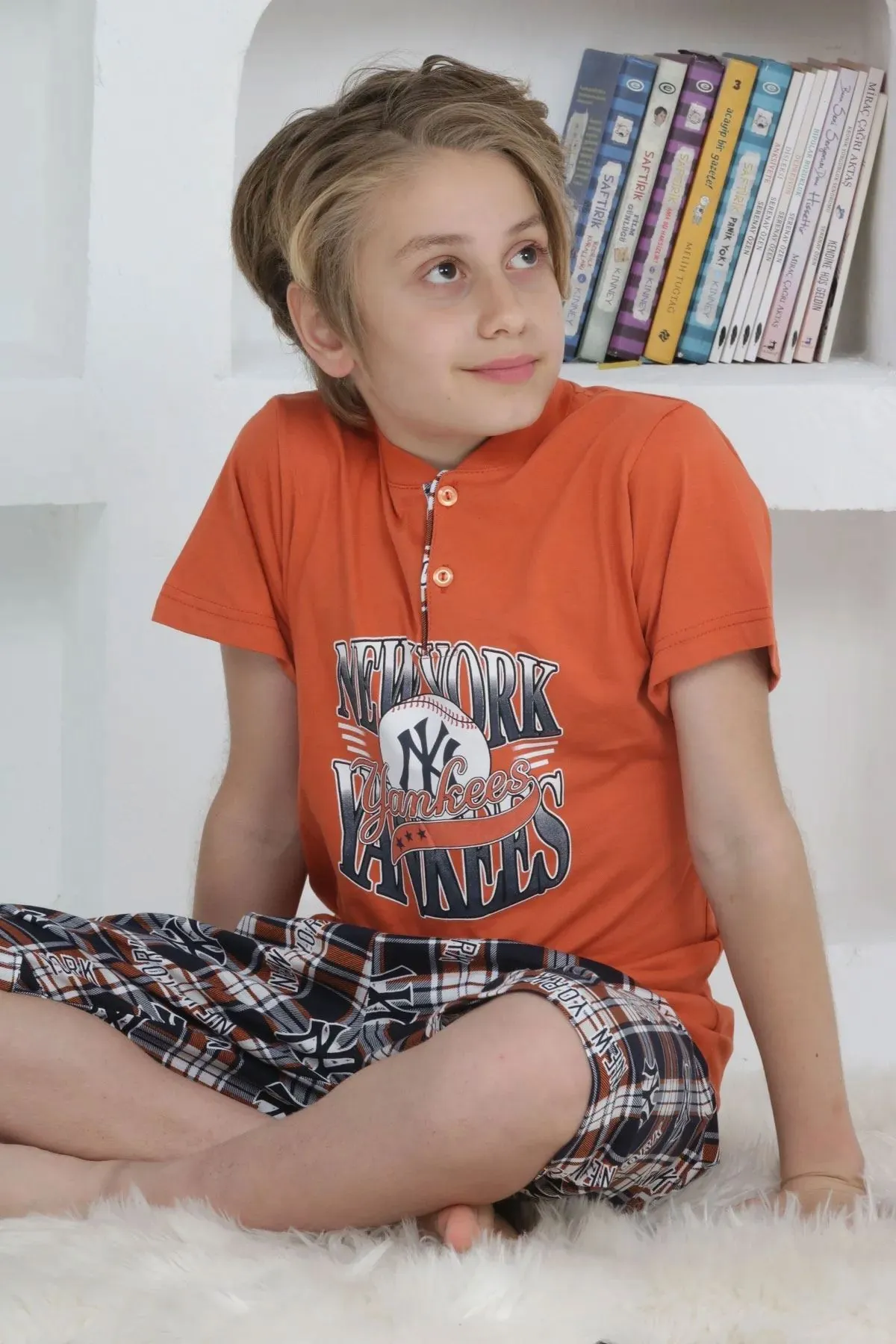 Minigimin Cicileri Erkek Çocuk Kapri Düğmeli Ekose Pijama Takım - Kiremit