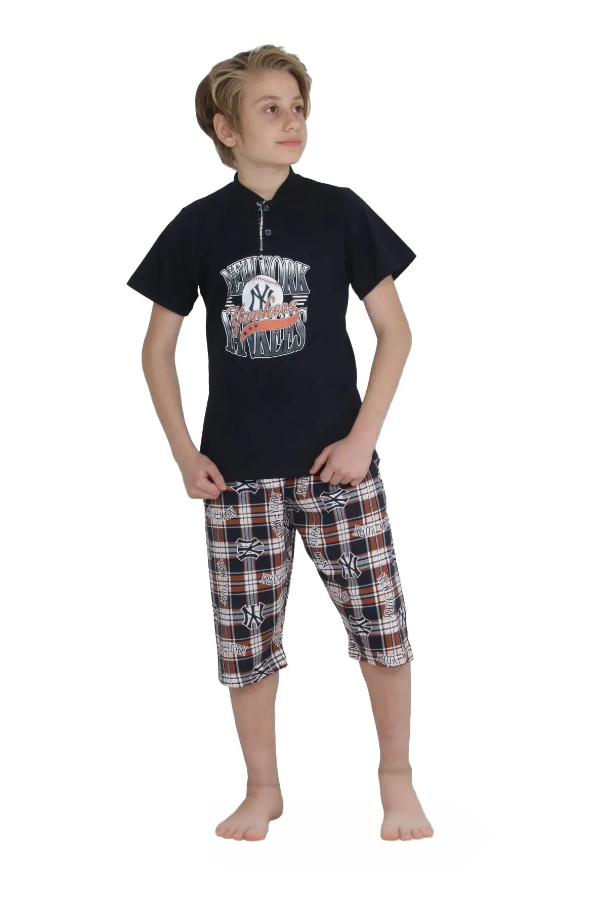 Minigimin Cicileri Erkek Çocuk Kapri Düğmeli Ekose Pijama Takım - Lacivert