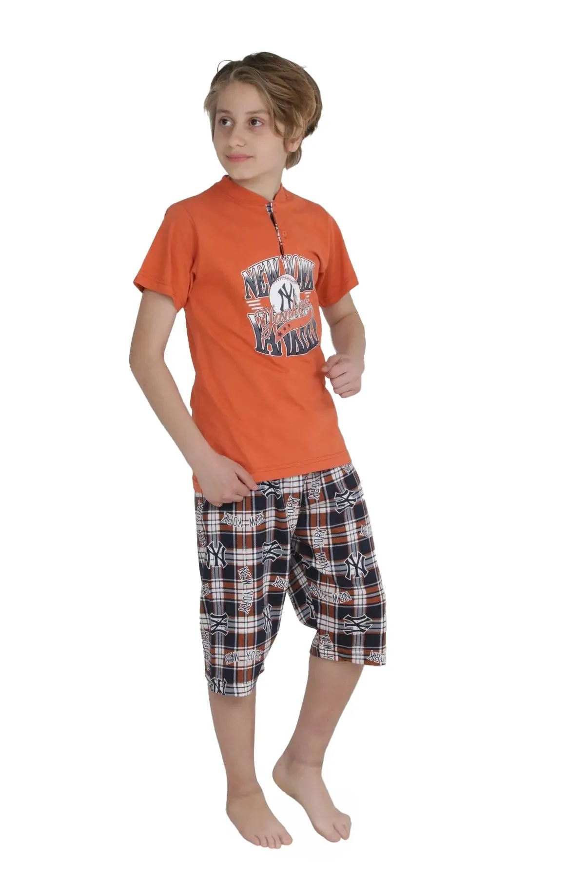 Minigimin Cicileri Erkek Çocuk Kapri Düğmeli Ekose Pijama Takım - Kiremit