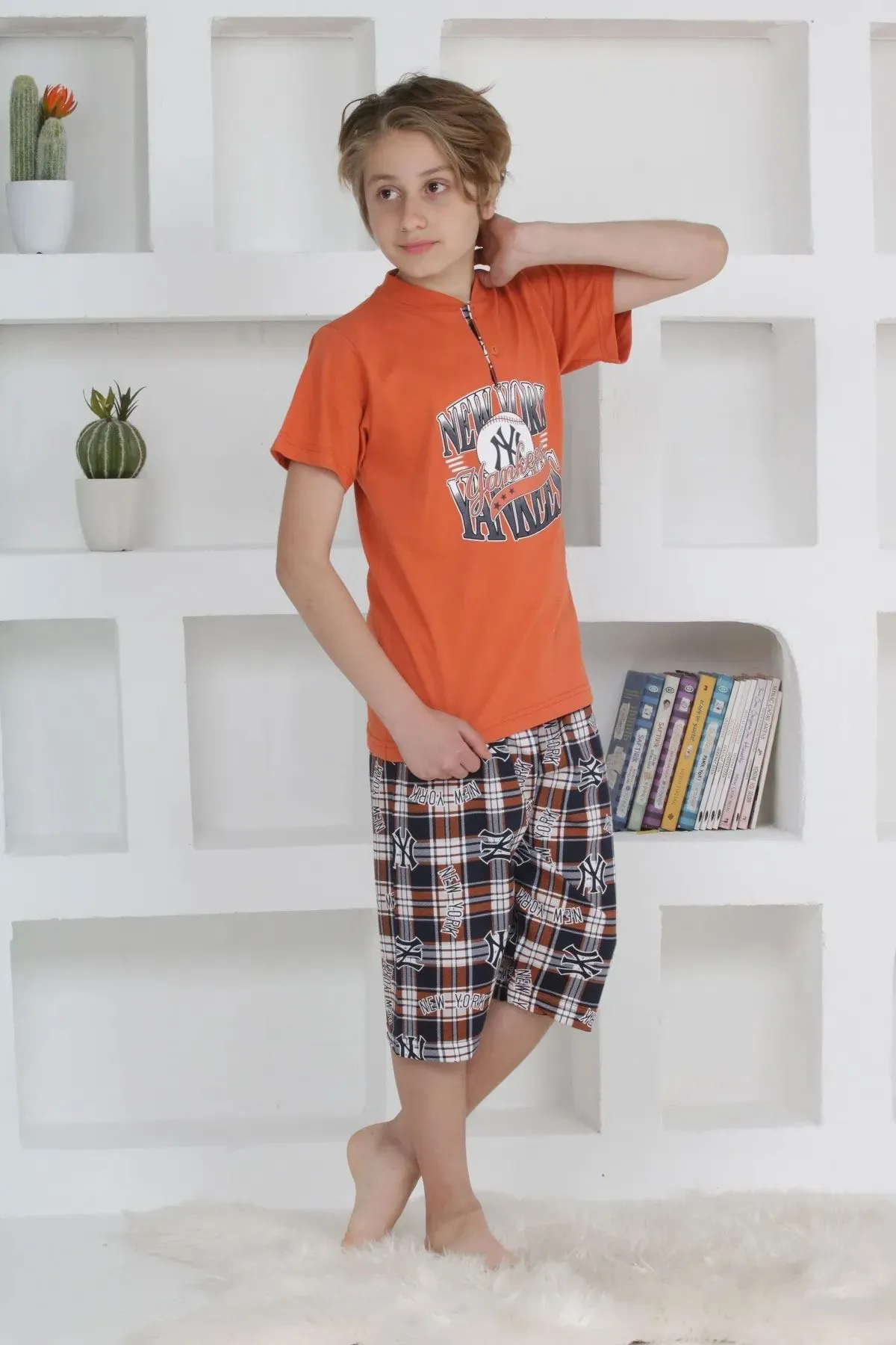 Minigimin Cicileri Erkek Çocuk Kapri Düğmeli Ekose Pijama Takım - Kiremit