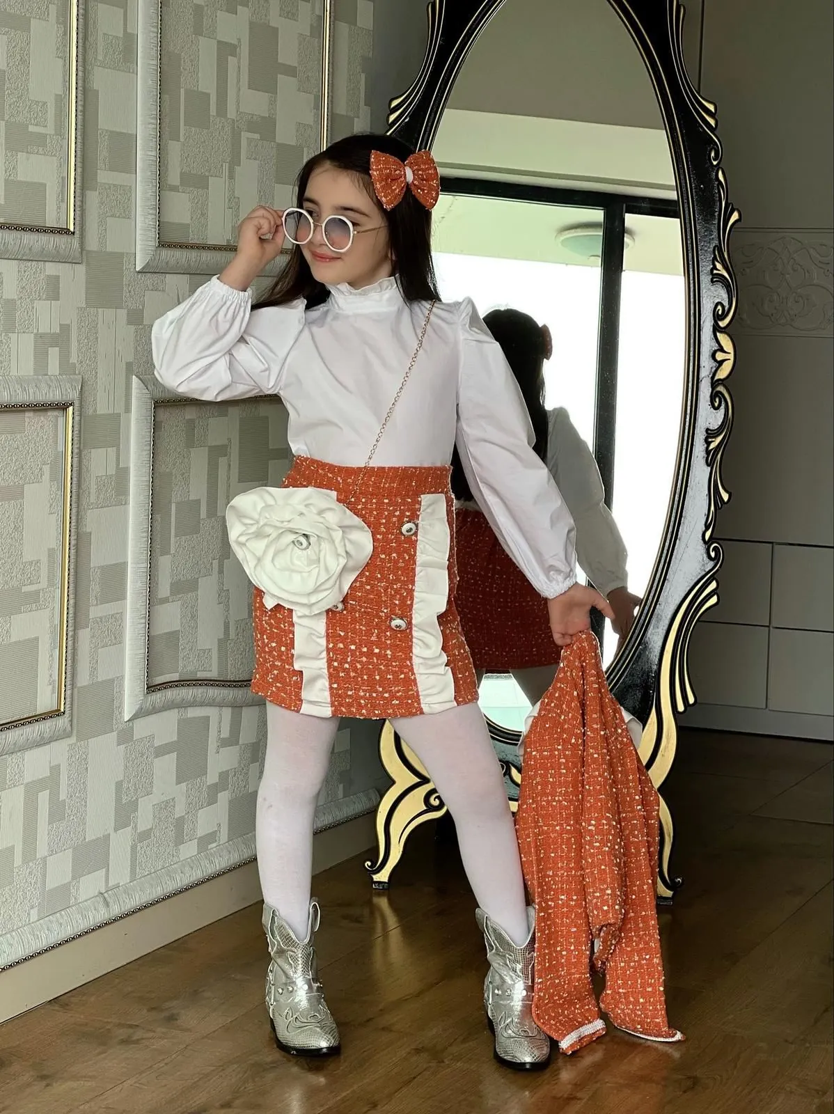 Miniğimin Cicileri Tüvit 5 parça Ceketli Çantalı Kız Çocuk Takım - Turuncu