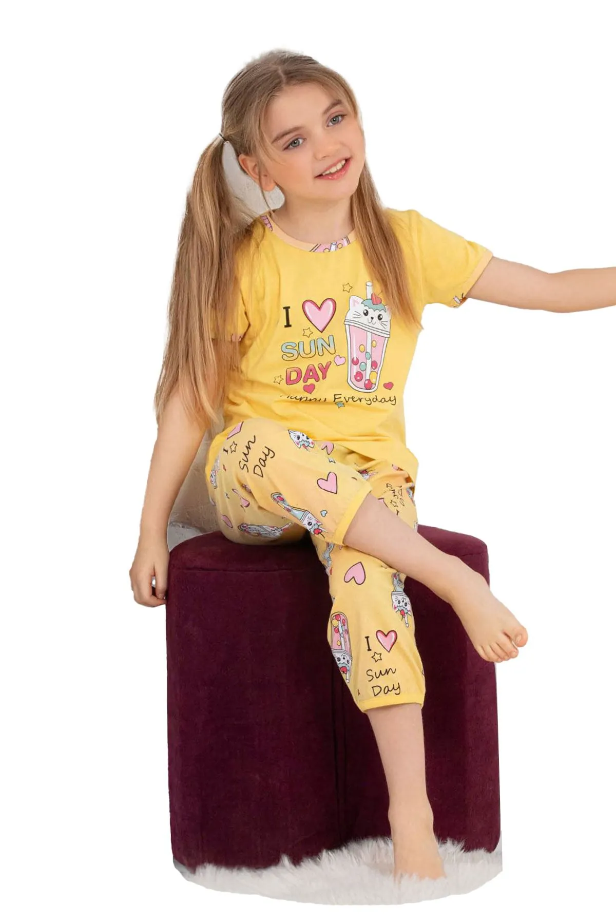 Miniğimin Cicileri I Sun Day Kalp Desenli Kız Çocuk Pijama Takımı - Sarı