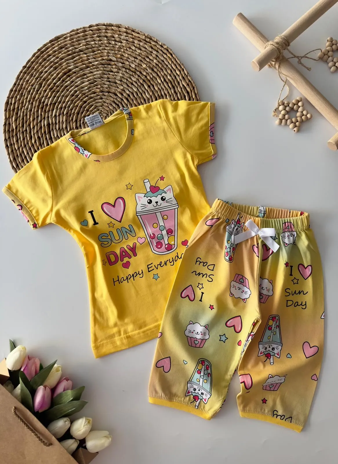 Miniğimin Cicileri I Sun Day Kalp Desenli Kız Çocuk Pijama Takımı - Sarı