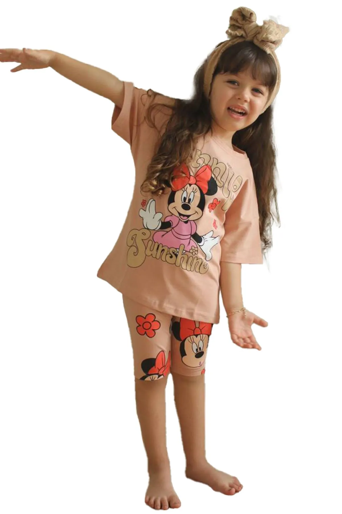 Minigimin Cicileri Mnn Sunshine Desen Kısa Tayt Yazlık Kız Çocuk 2 li Takım - Kahve