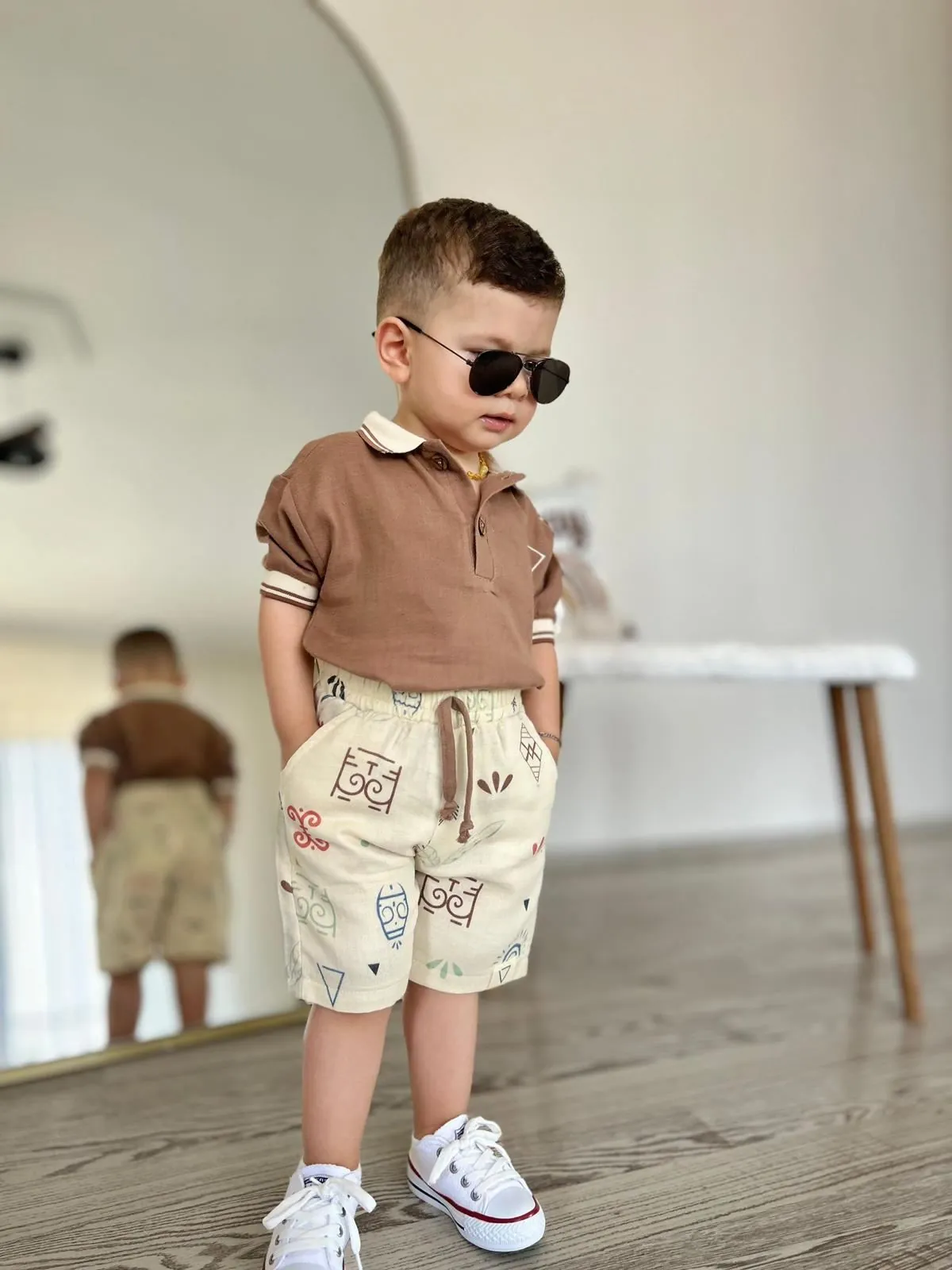Miniğimin Cicileri Müslim Lacost Yaka Şortlu Etnik Desen Erkek 2 li Takım - Kahverengi